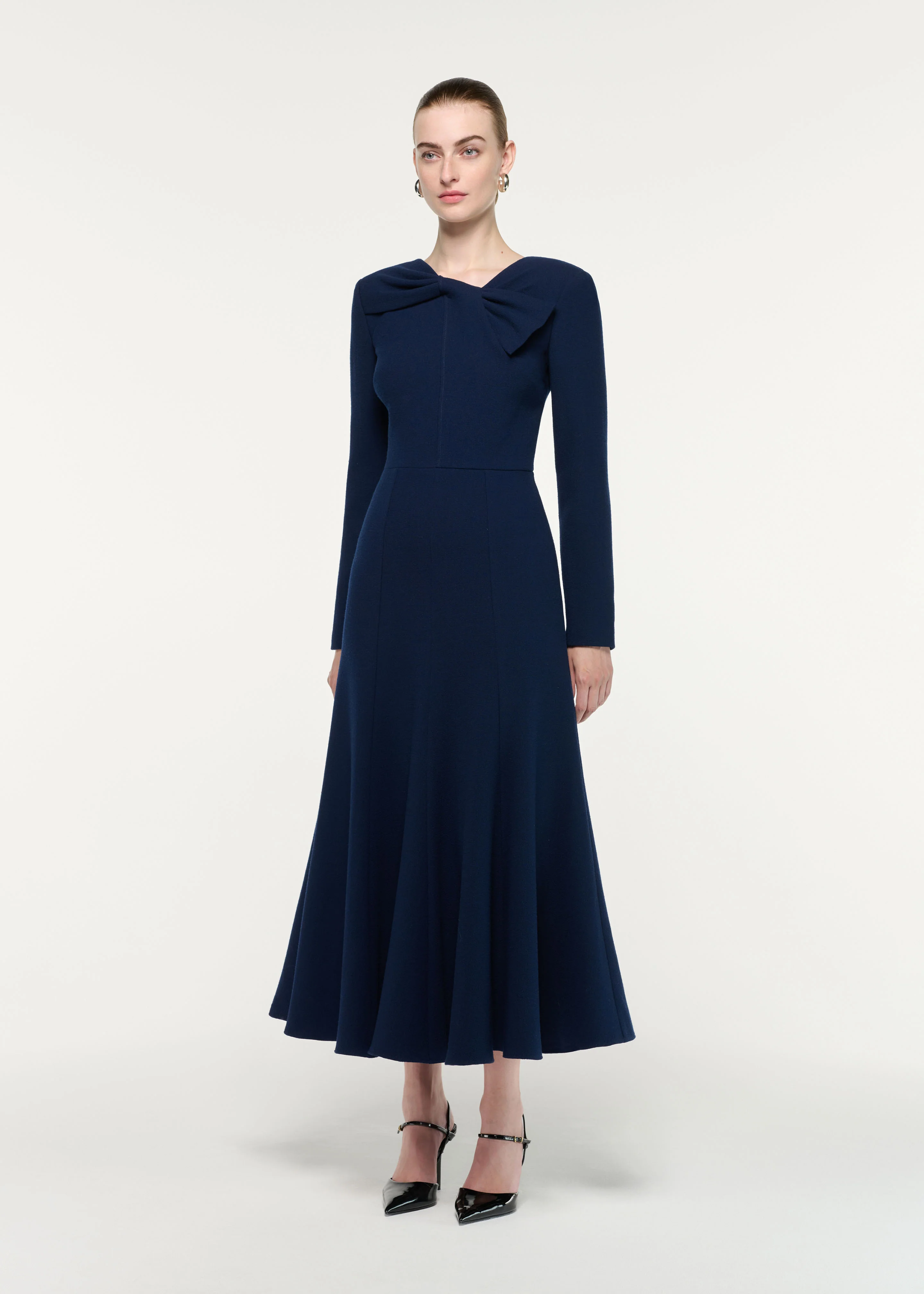 Asymmetric Bow Neck Wool Crepe Midi Dress - Image 2