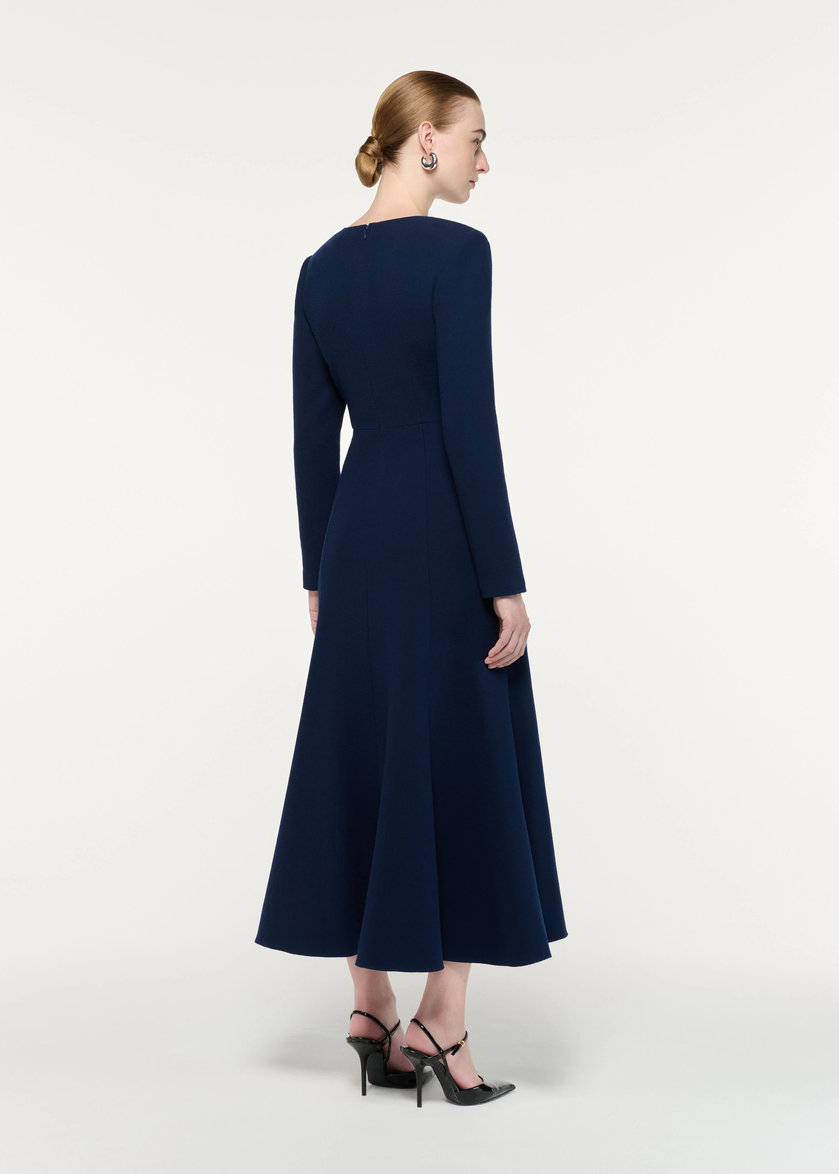 Asymmetric Bow Neck Wool Crepe Midi Dress - Image 3