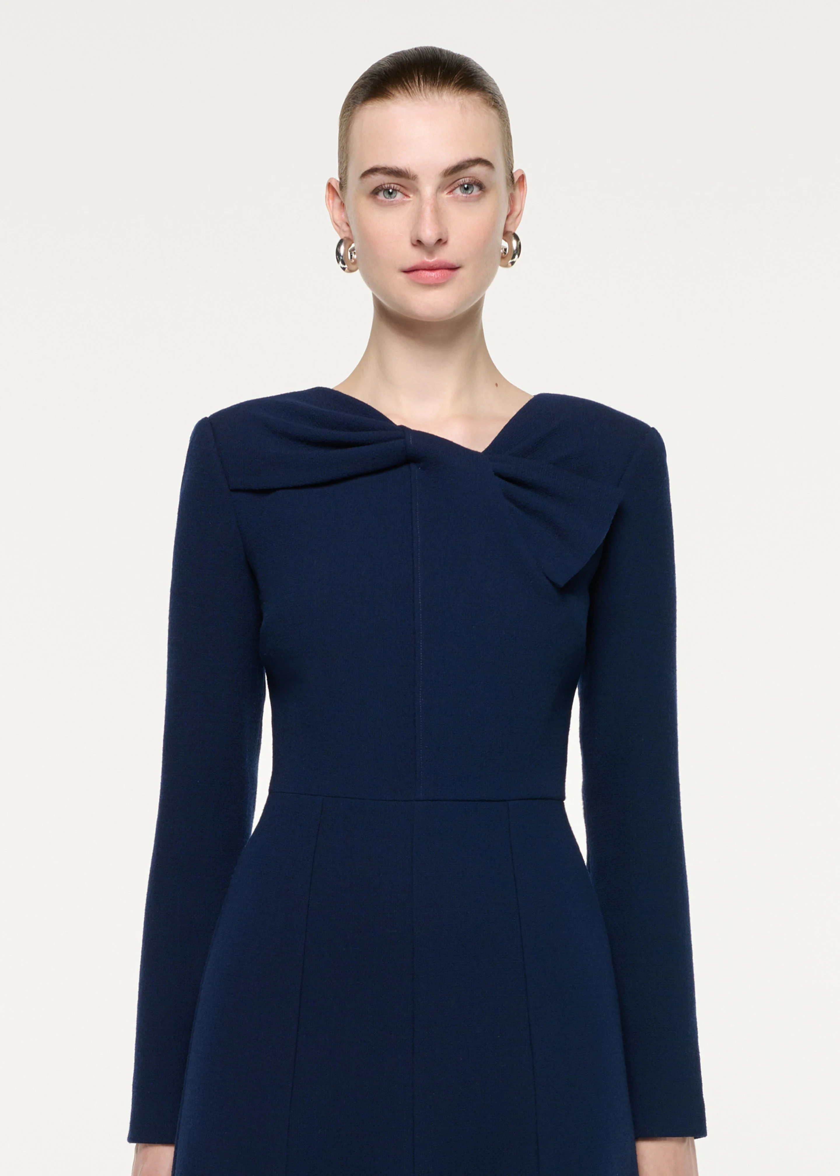Asymmetric Bow Neck Wool Crepe Midi Dress - Image 4
