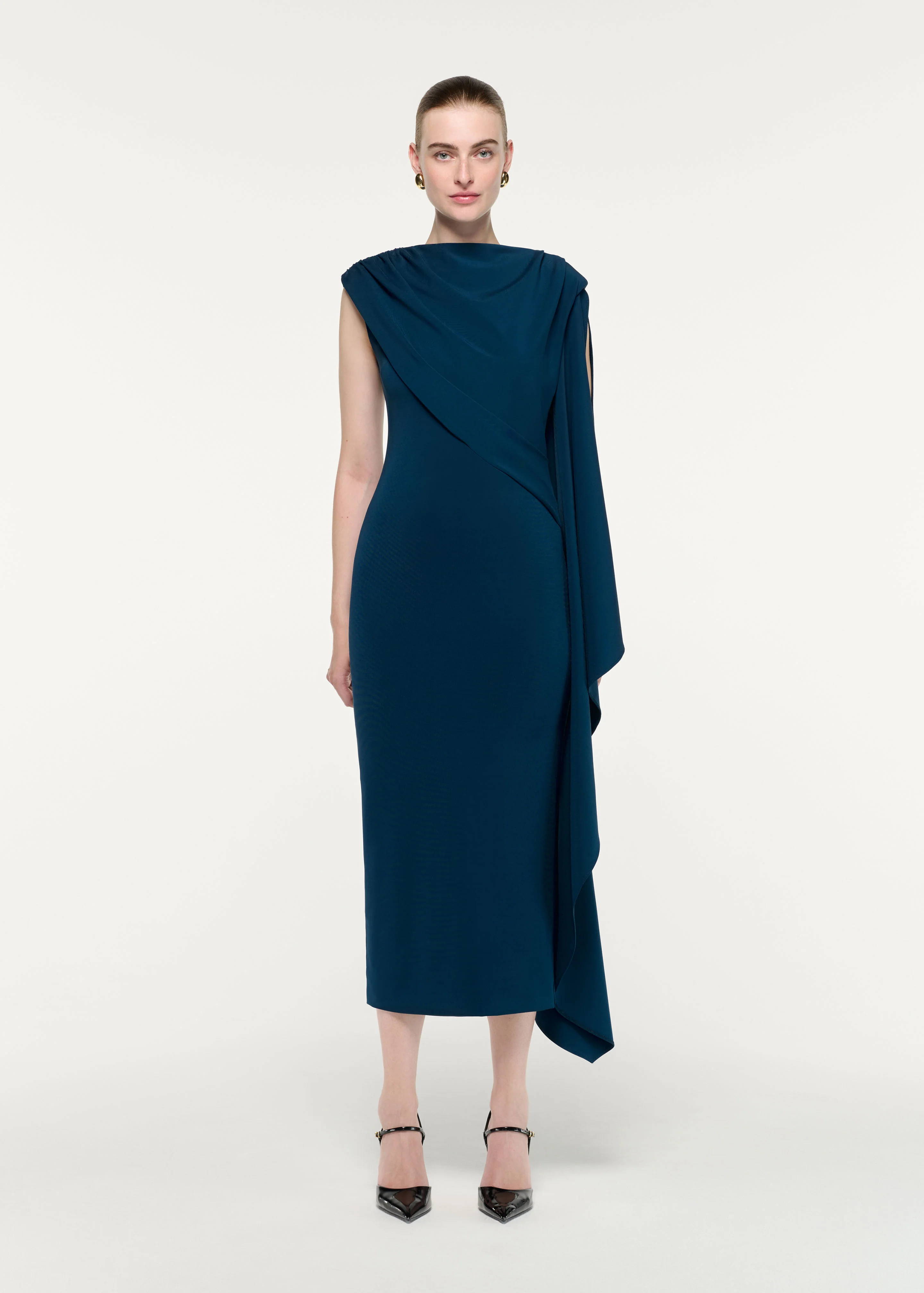 Asymmetric Cape Jersey Midi Dress