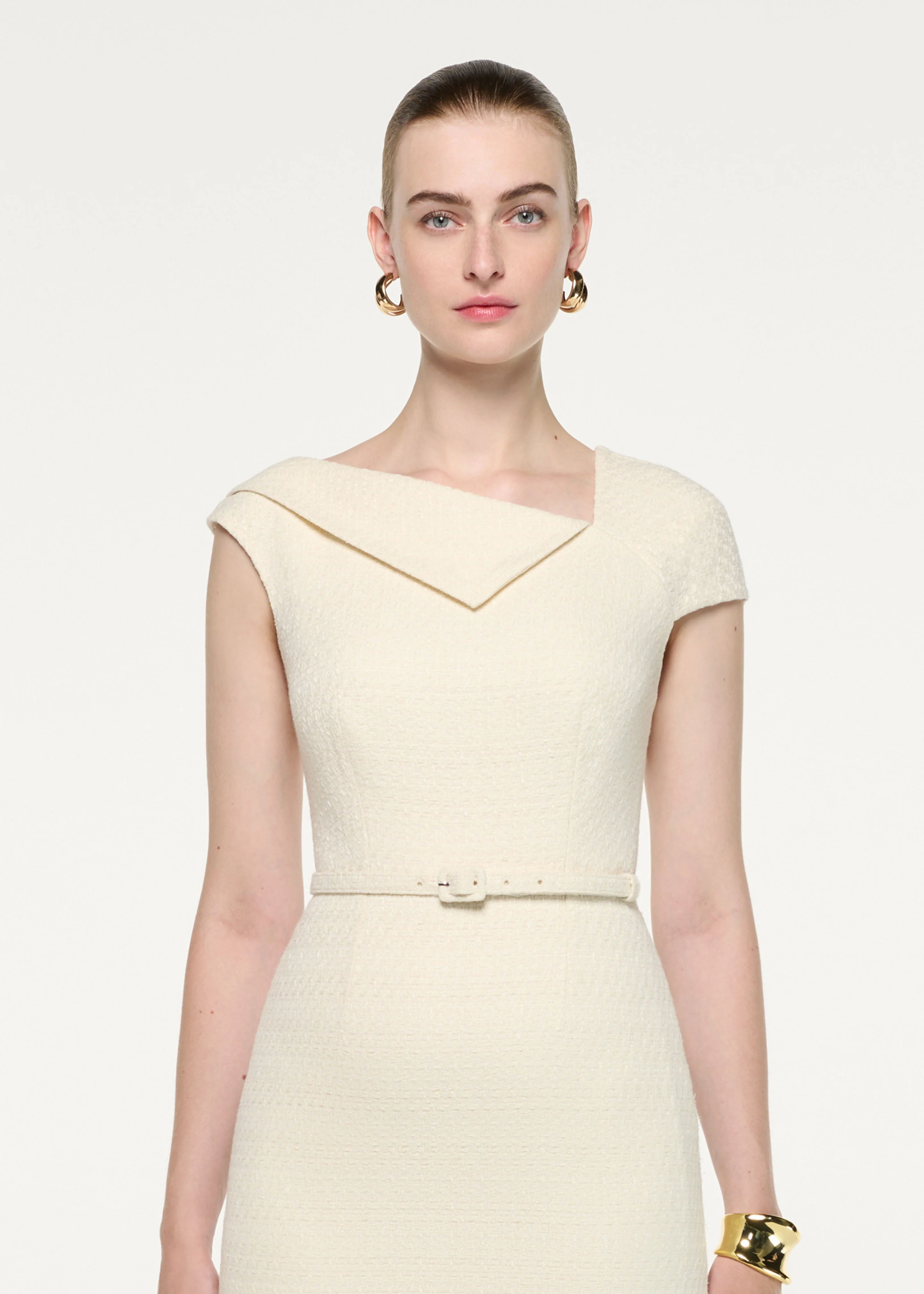 Asymmetric Neckline Boucle Midi Dress - Image 4