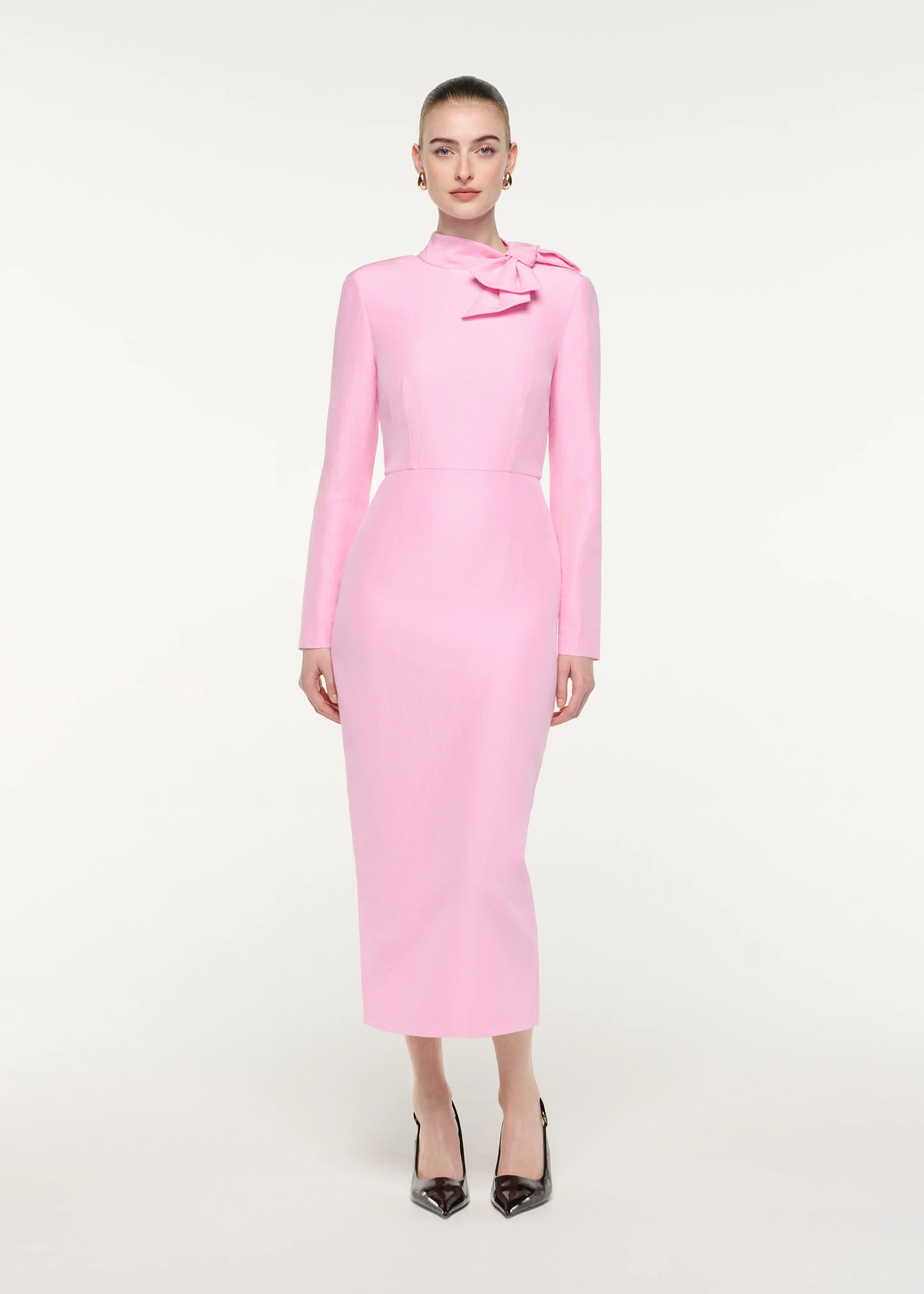 Bow Neckline Long Sleeve Midi Dress