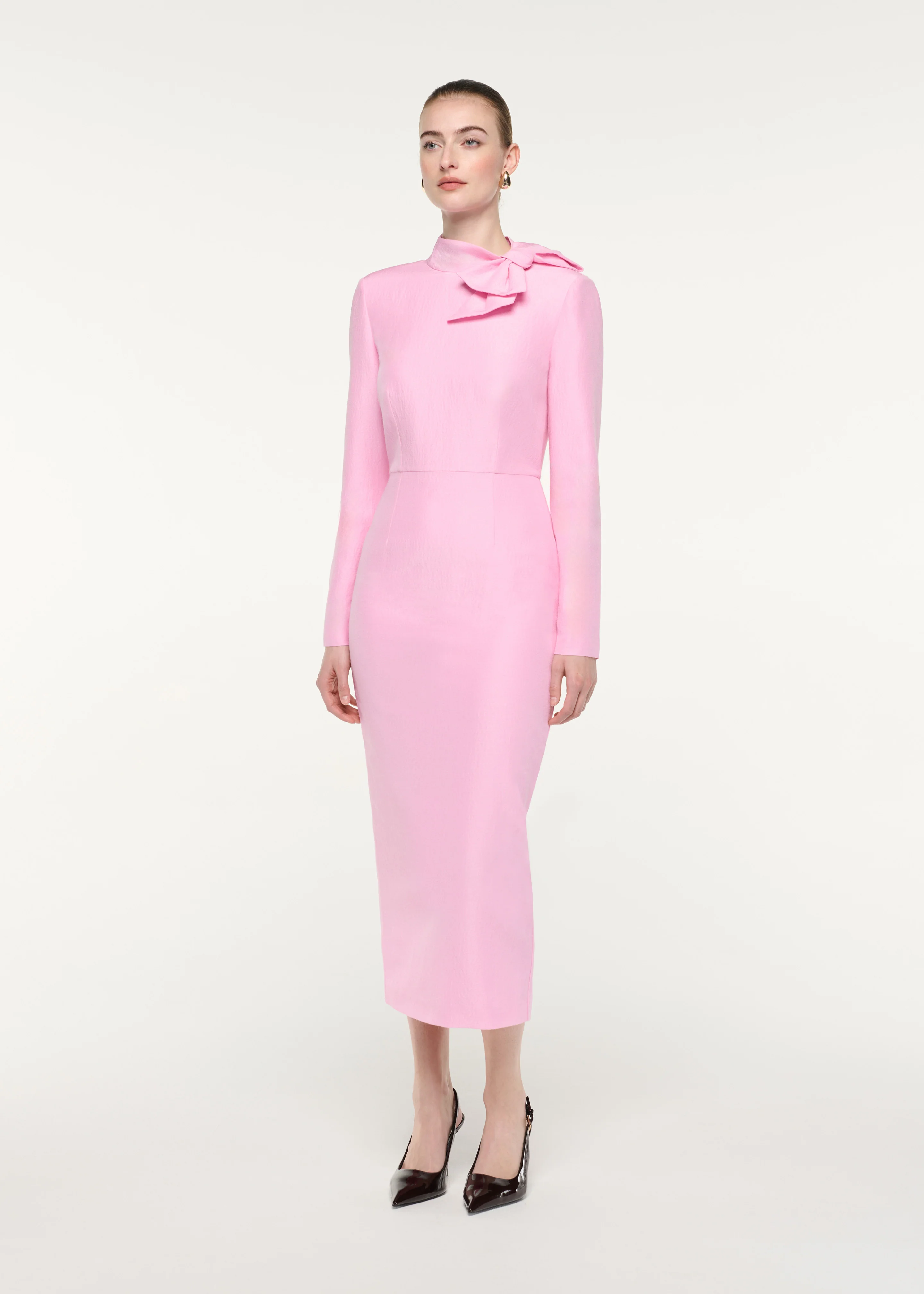 Bow Neckline Long Sleeve Midi Dress - Image 2