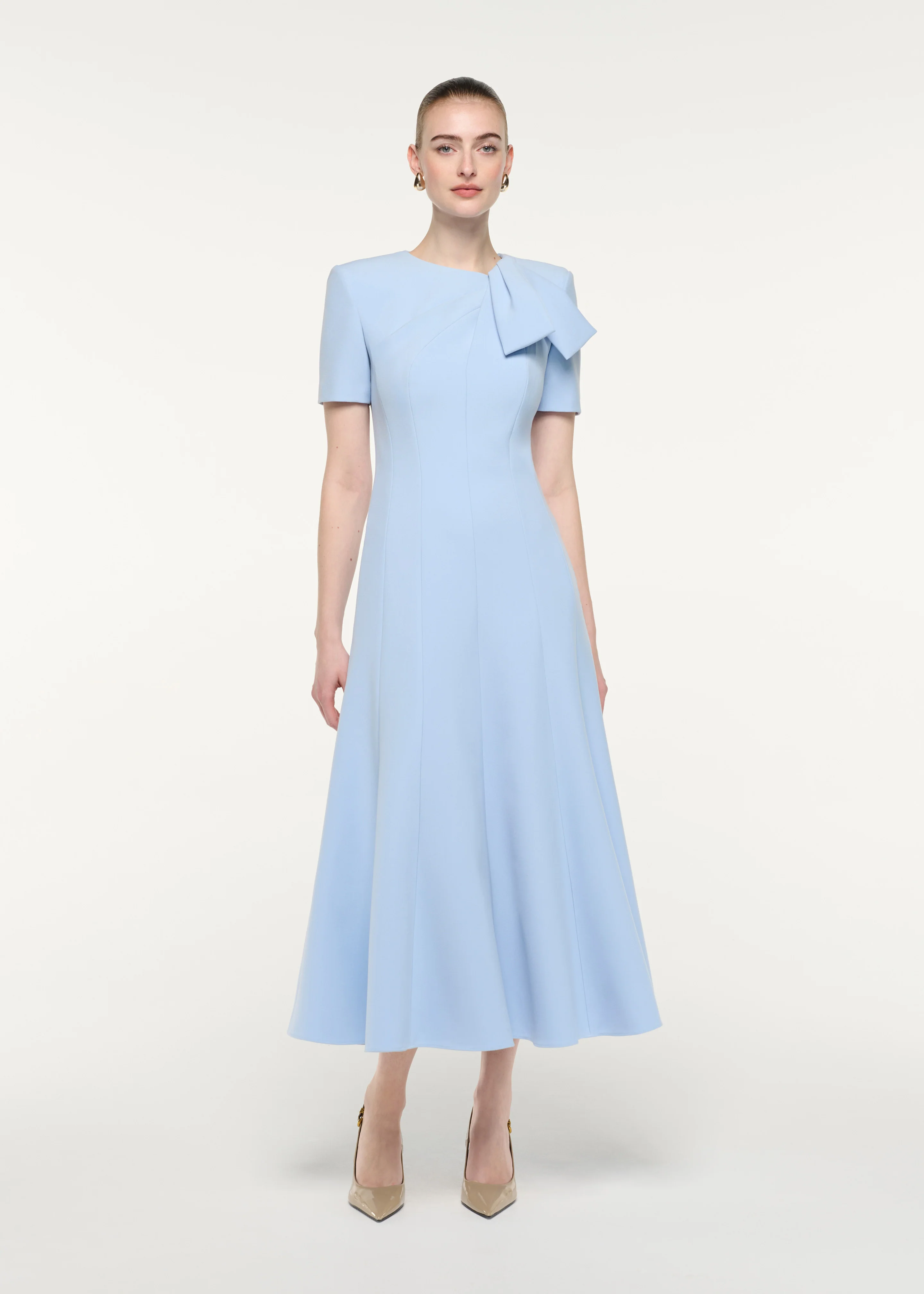 Bow Neckline Short Sleeve Midi Dress