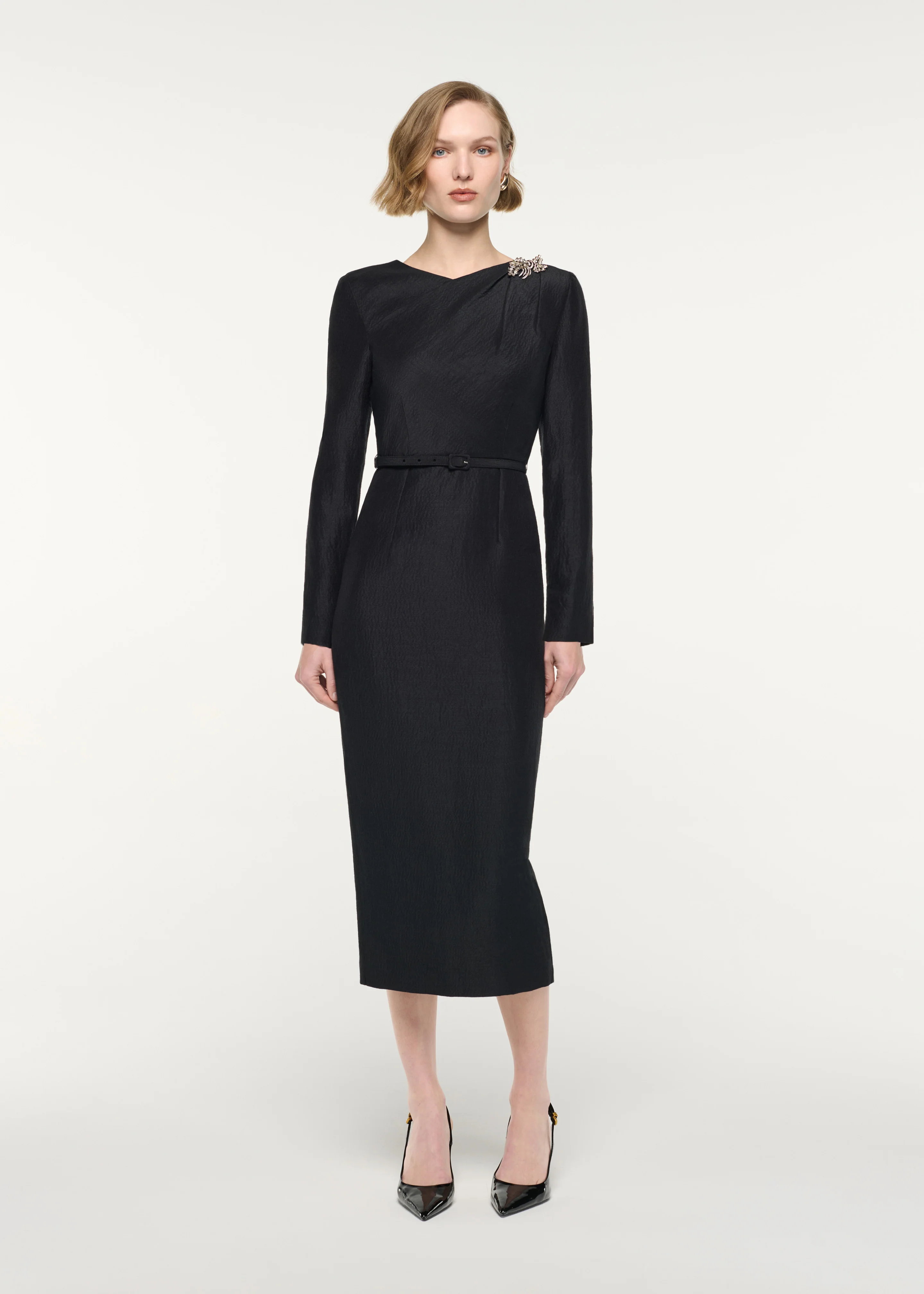 Brooched Silk Jacquard Midi Dress