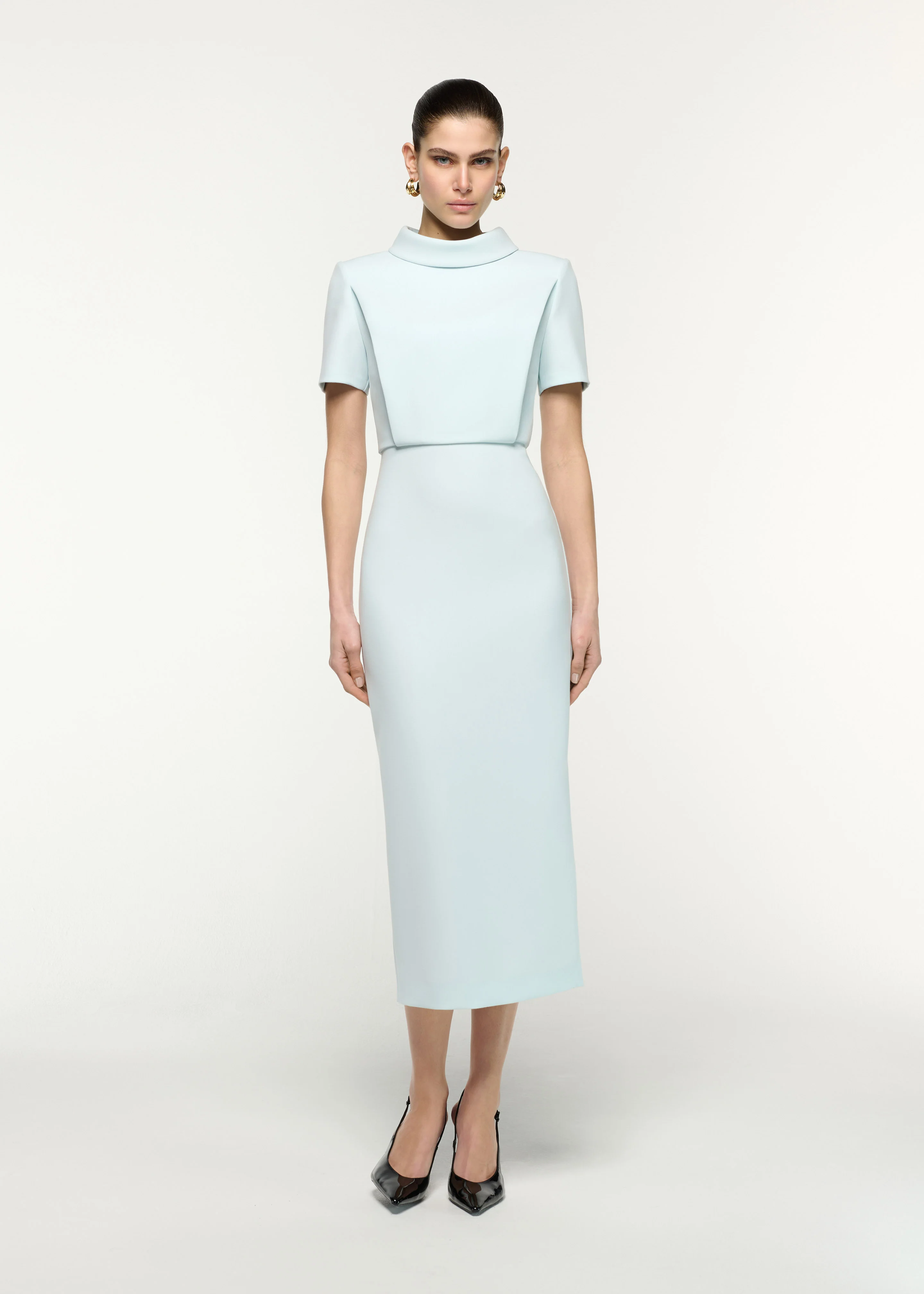 Collared Crepe Short Sleeve Midi Dress