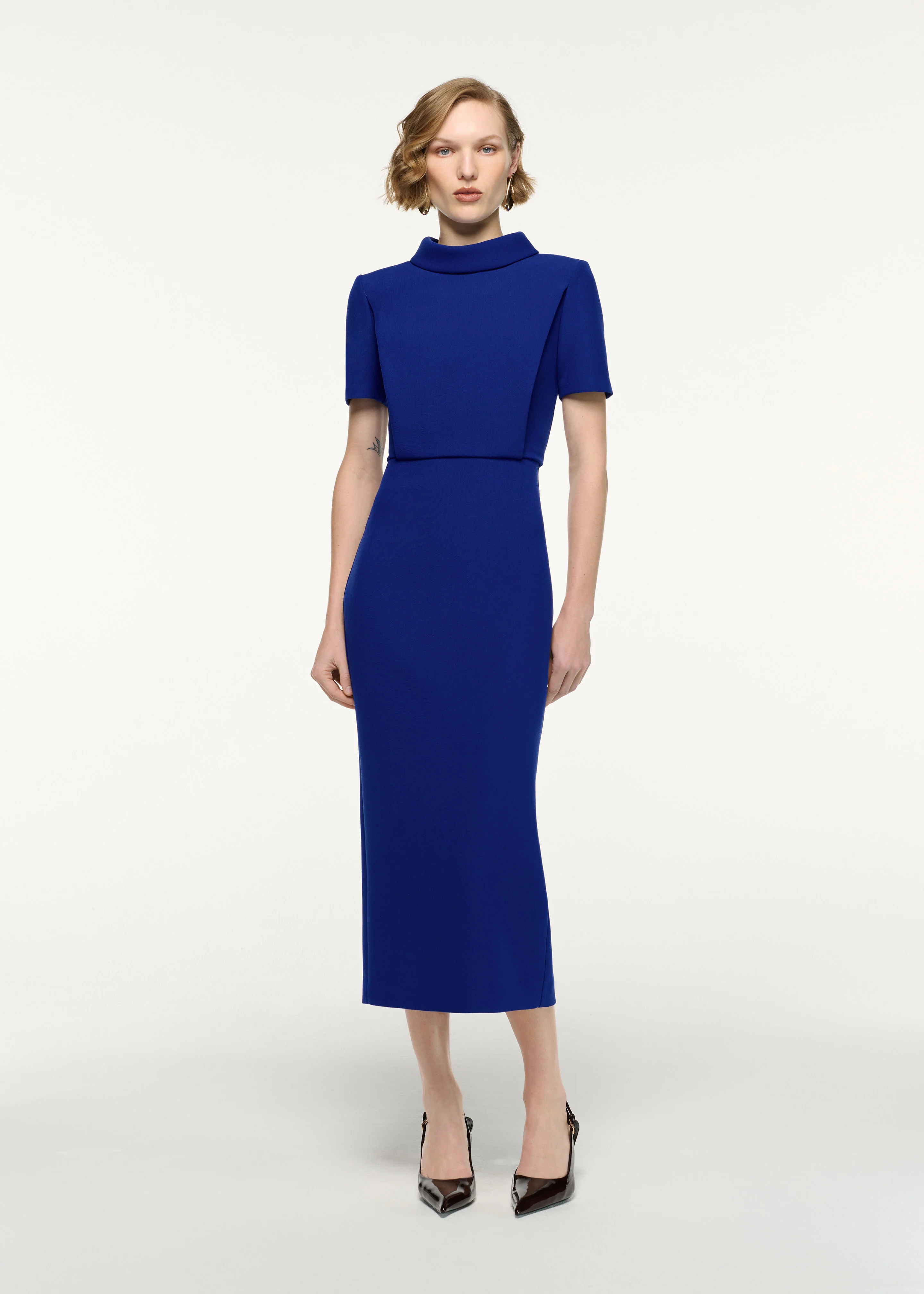 Collared Crepe Short Sleeve Midi Dress