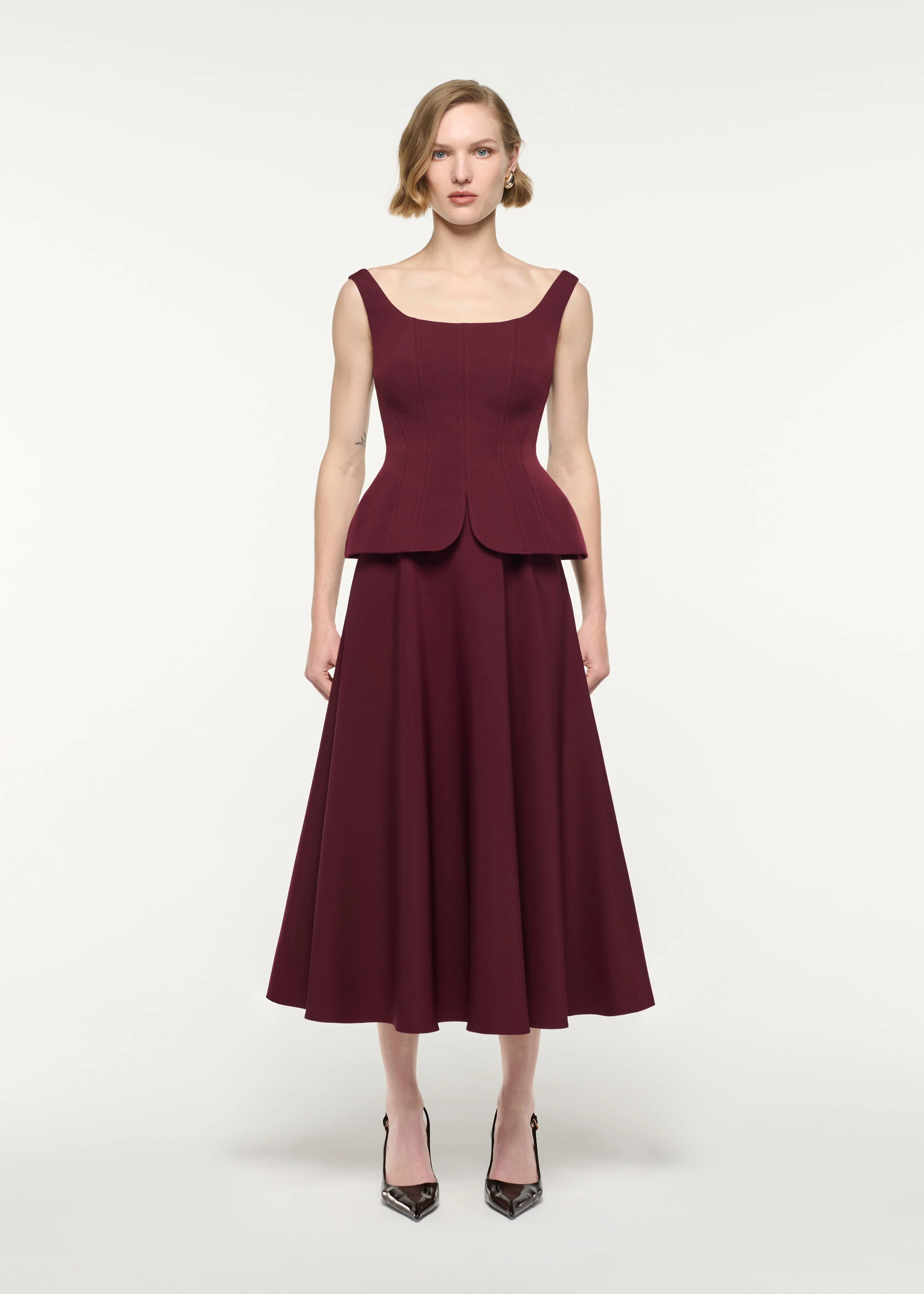 Crepe Peplum Midi Dress