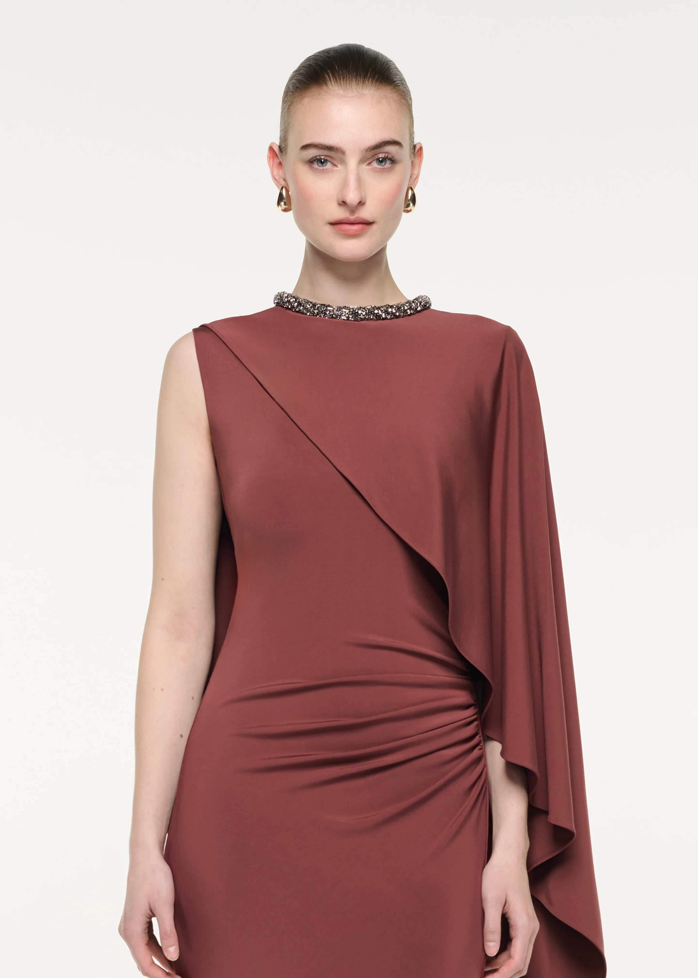 Crystal Neckline Asymetric Column Maxi Dress - Image 4