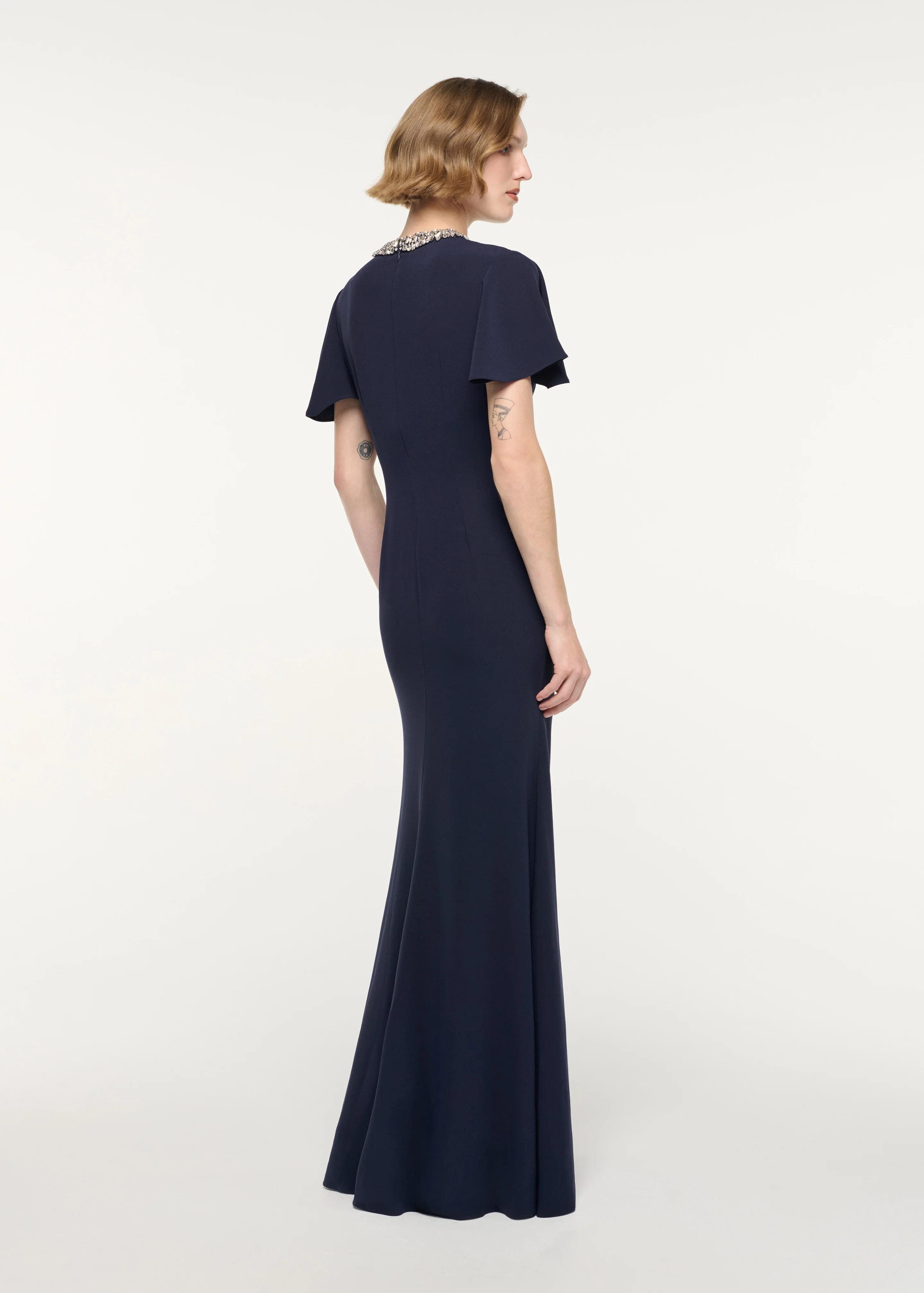 Crystal Neckline Draped Sleeve Gown - Image 3