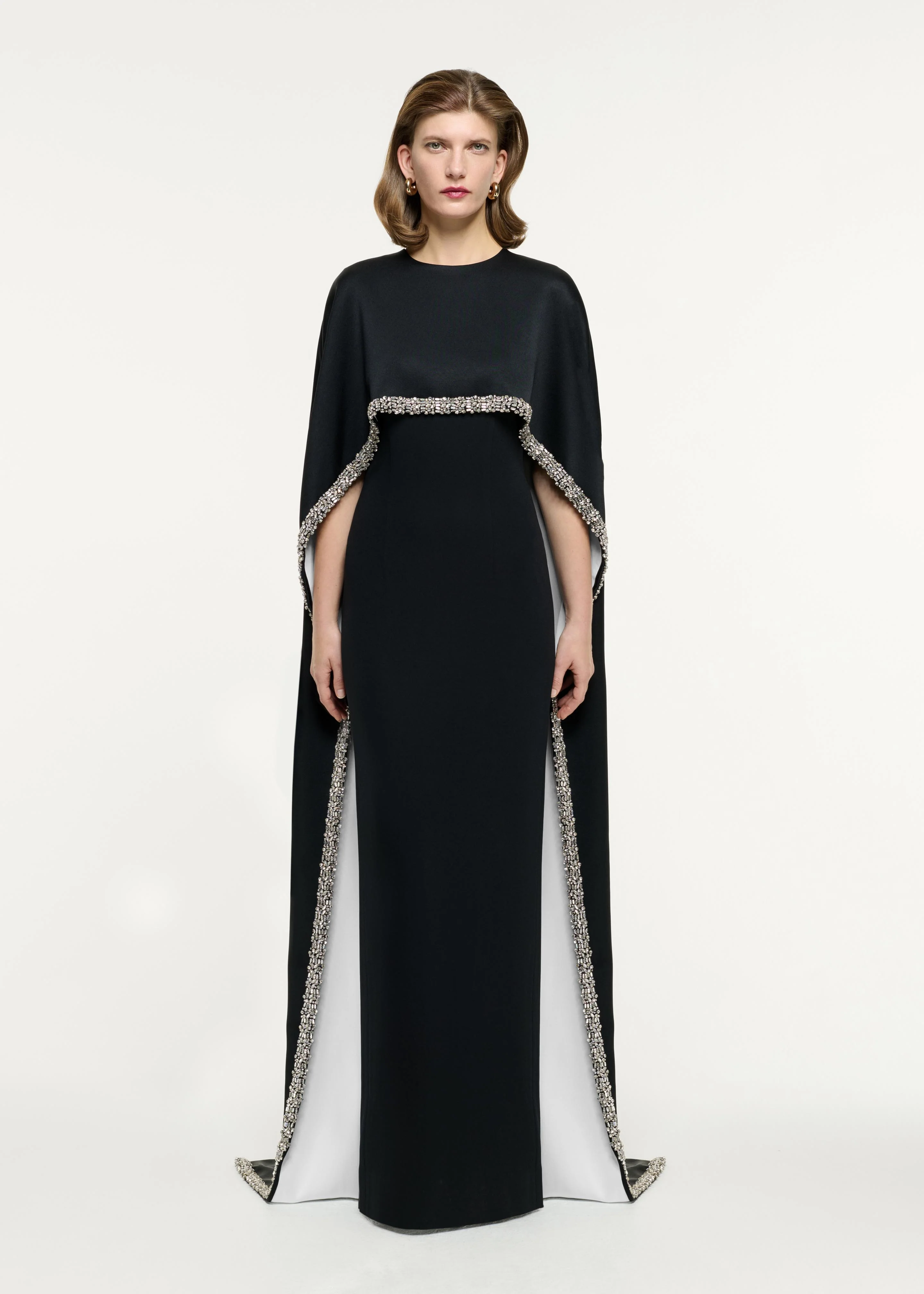 Embellished Cape Satin Crepe Gown