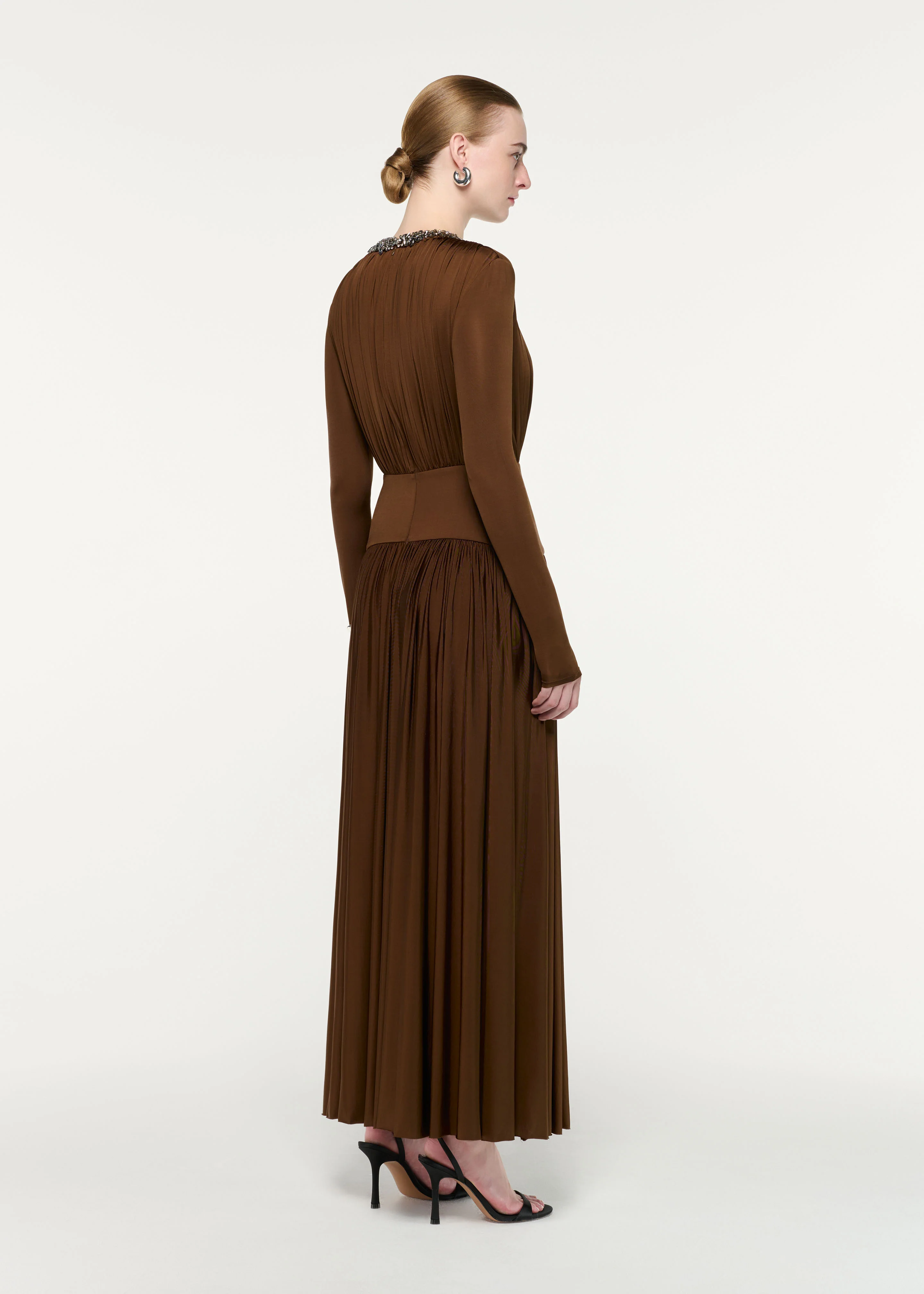 Embellished Neck Long Sleeve Gathered Dress - Image 3