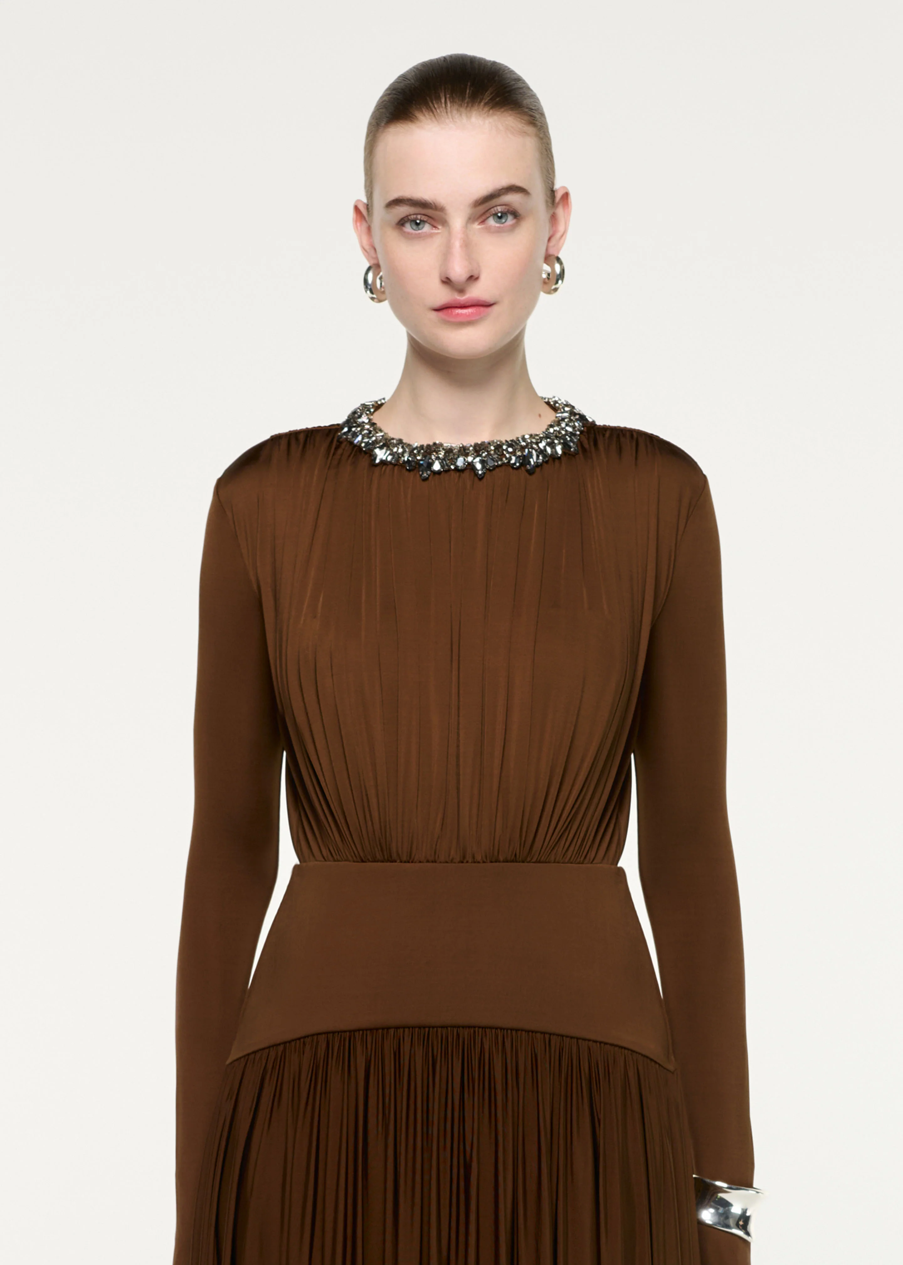 Embellished Neck Long Sleeve Gathered Dress - Image 4