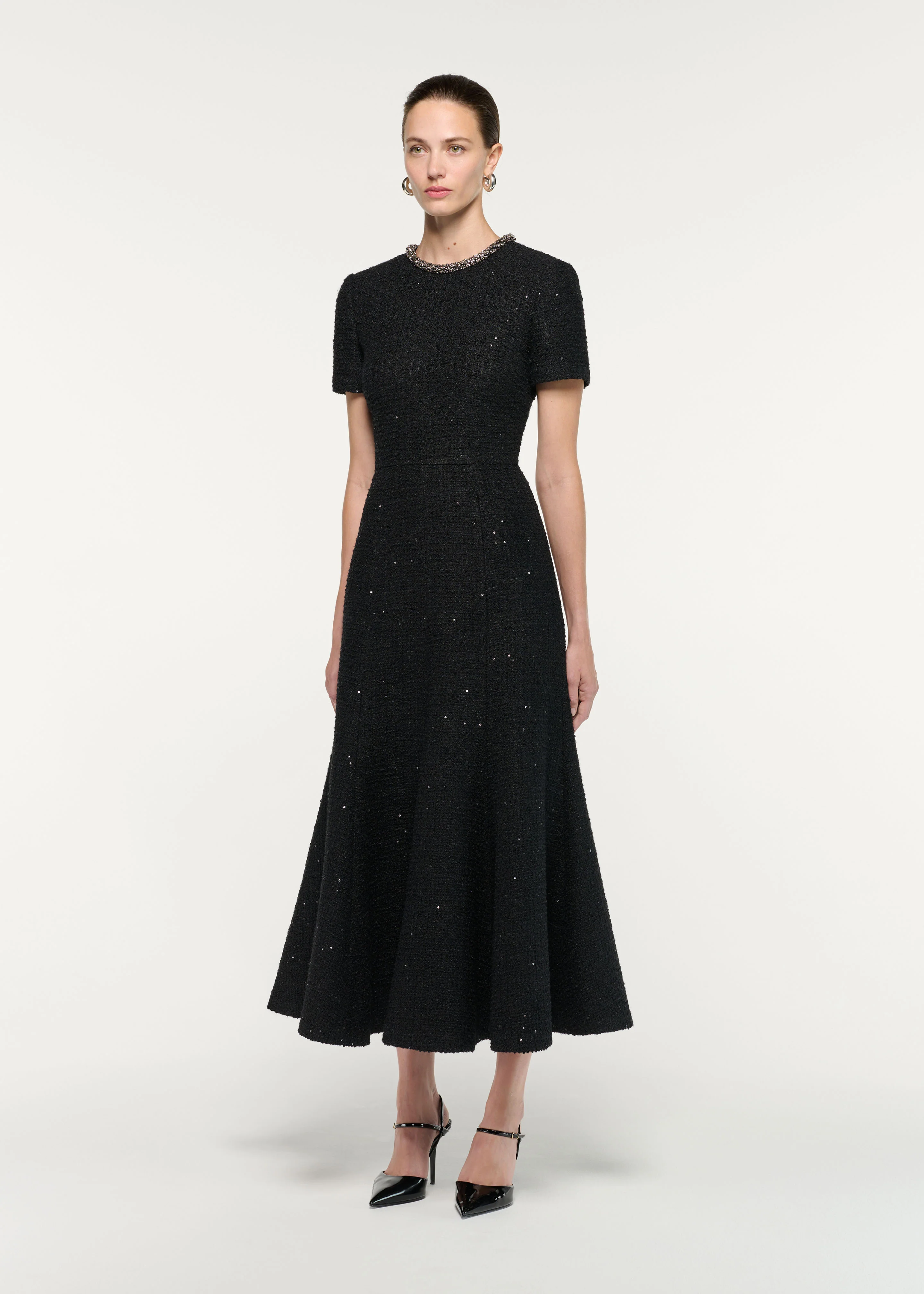 Embellished Neck Sequin Boucle Midi Dress - Image 2