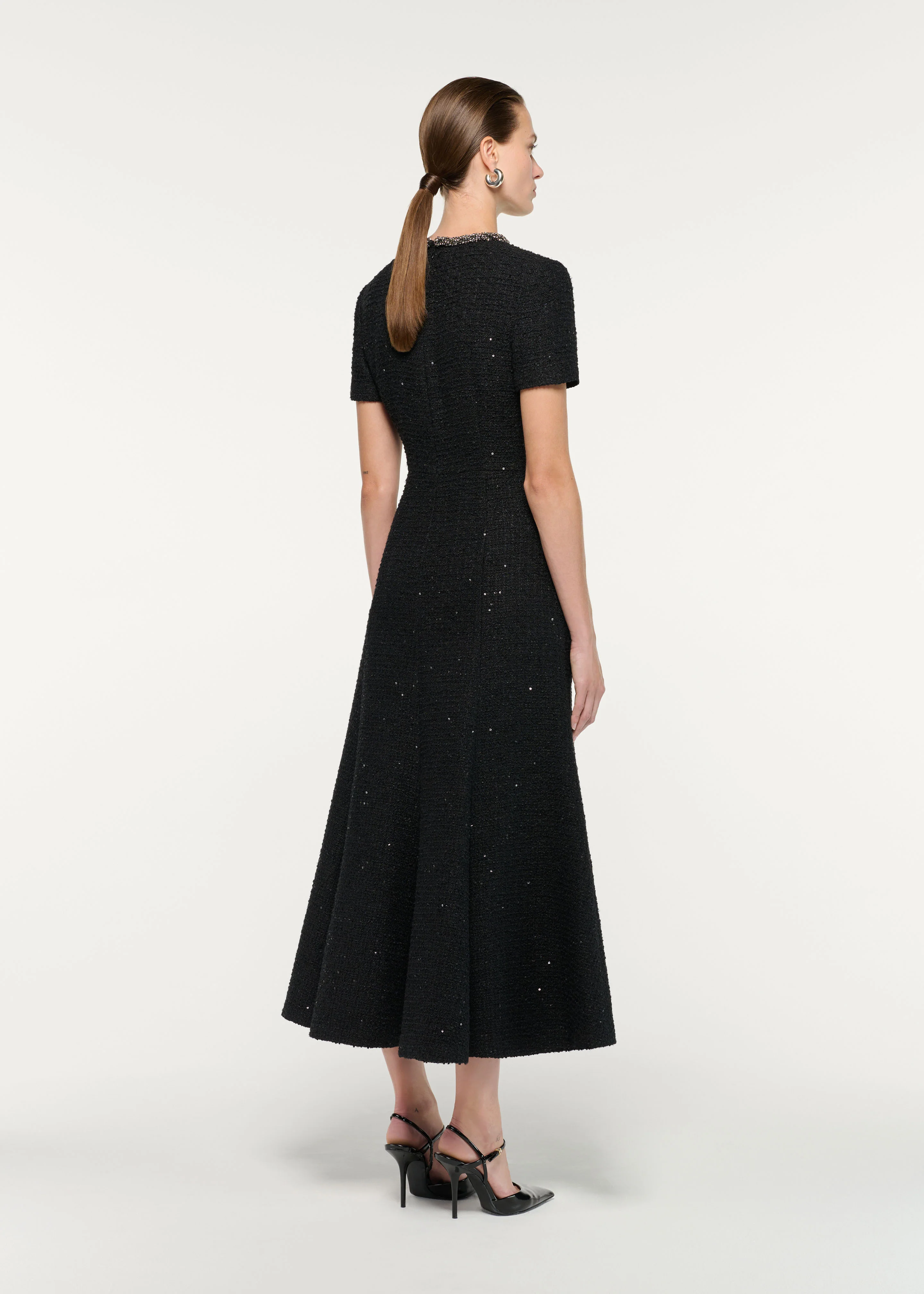Embellished Neck Sequin Boucle Midi Dress - Image 3