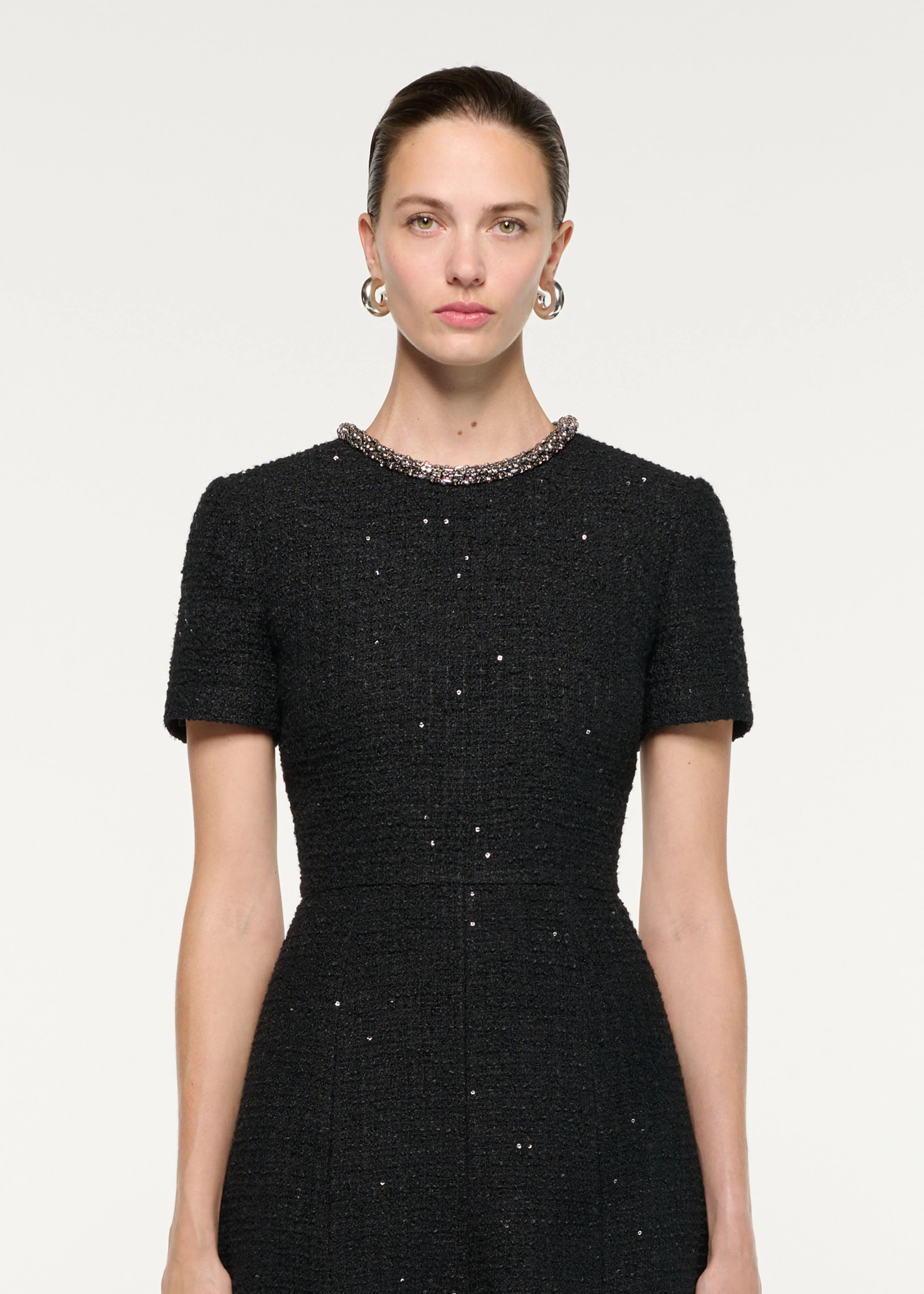 Embellished Neck Sequin Boucle Midi Dress - Image 4