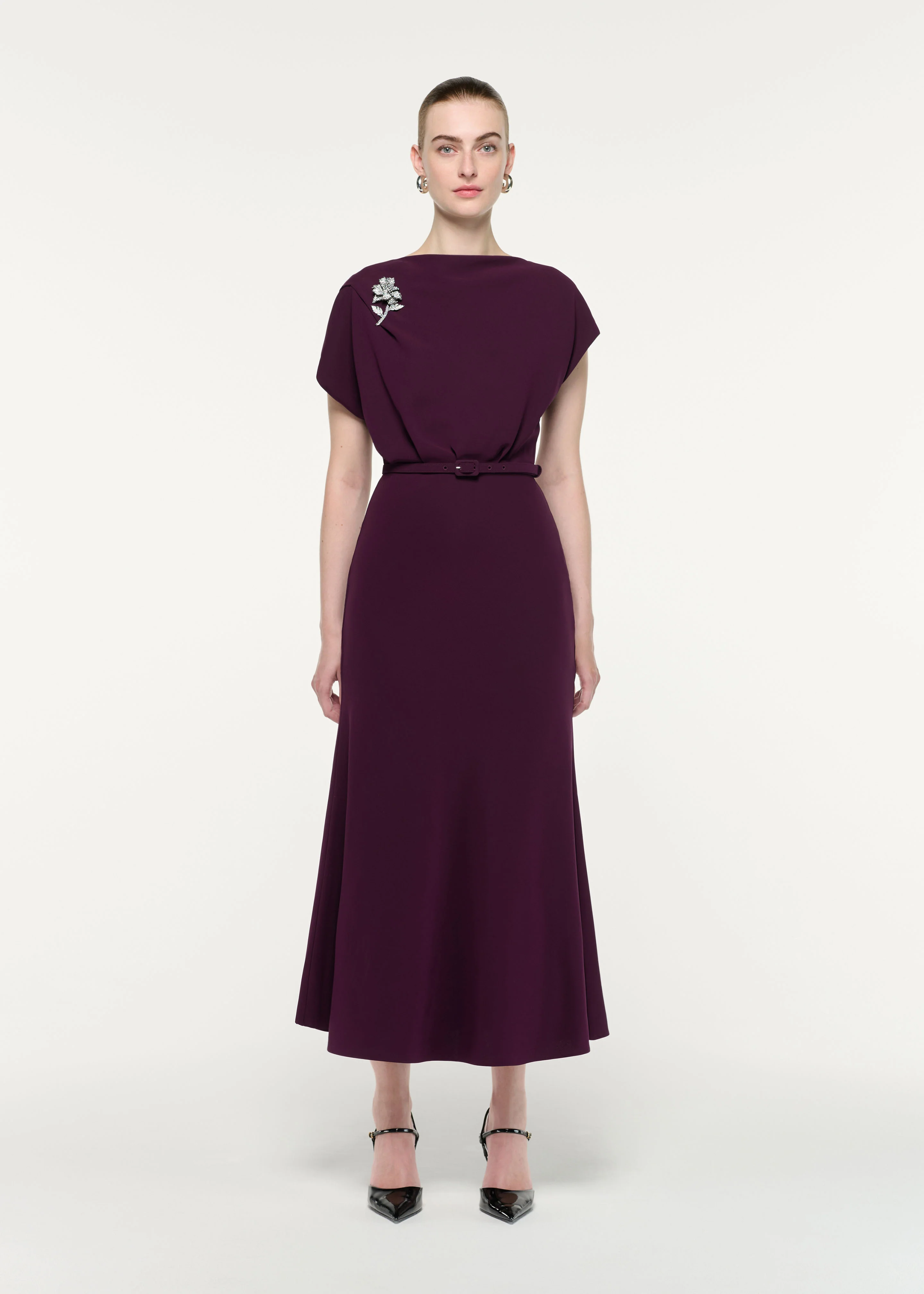 Flower Brooch Cady Midi Dress