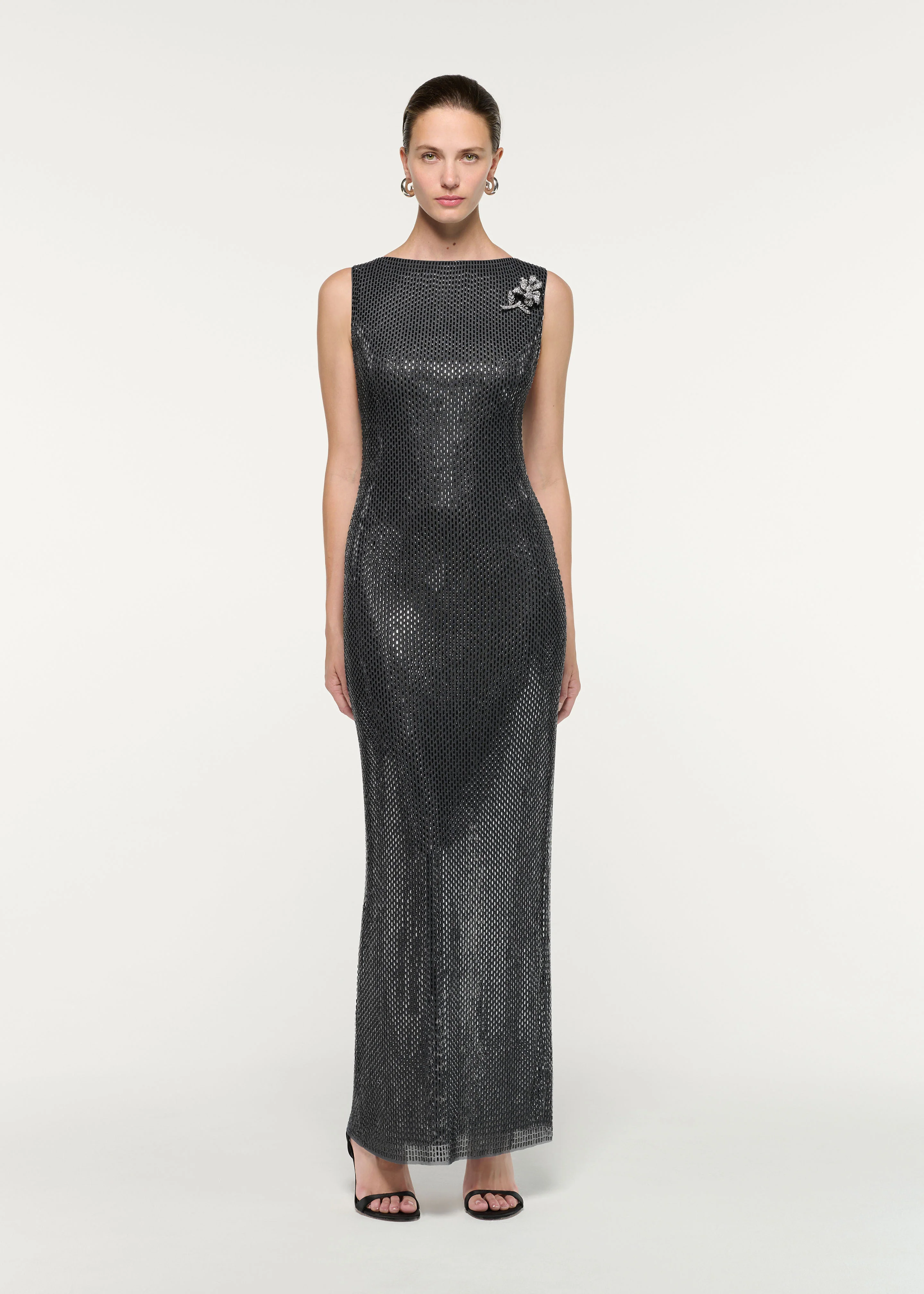 Flower Brooch Diamante Maxi Dress