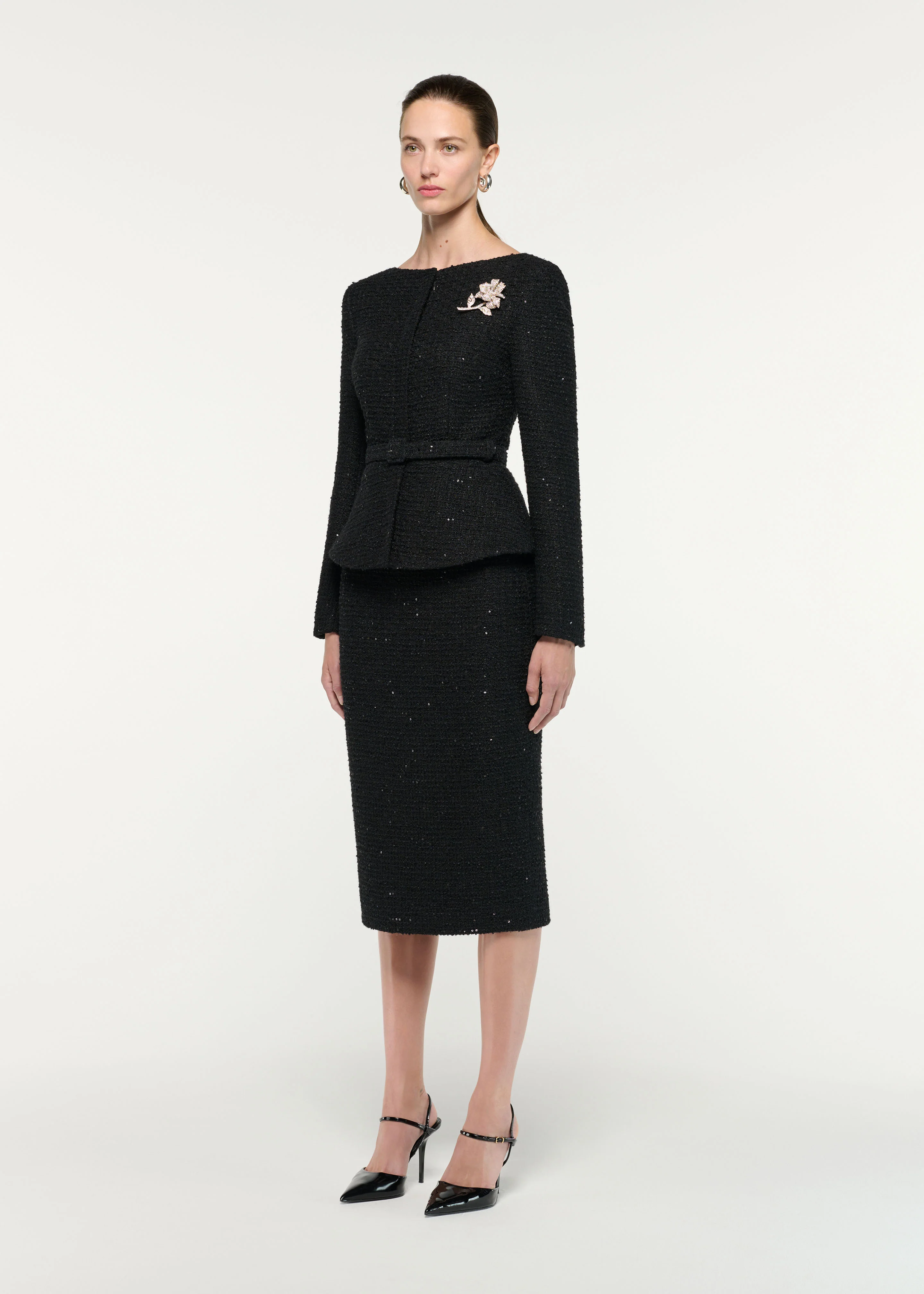Flower Brooch Sequin Boucle Jacket - Image 2