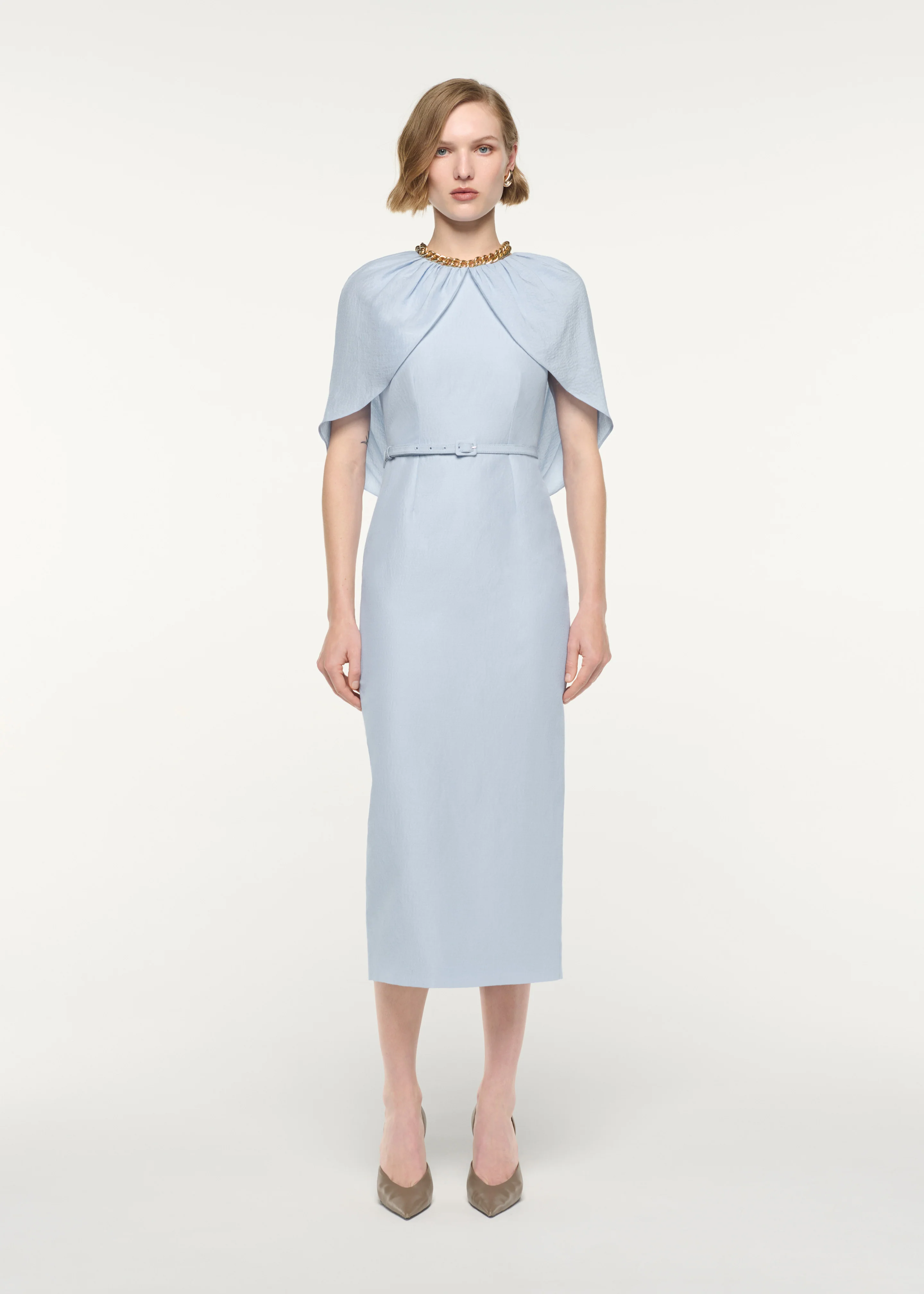 Gathered Cape Column Fit Midi Dress