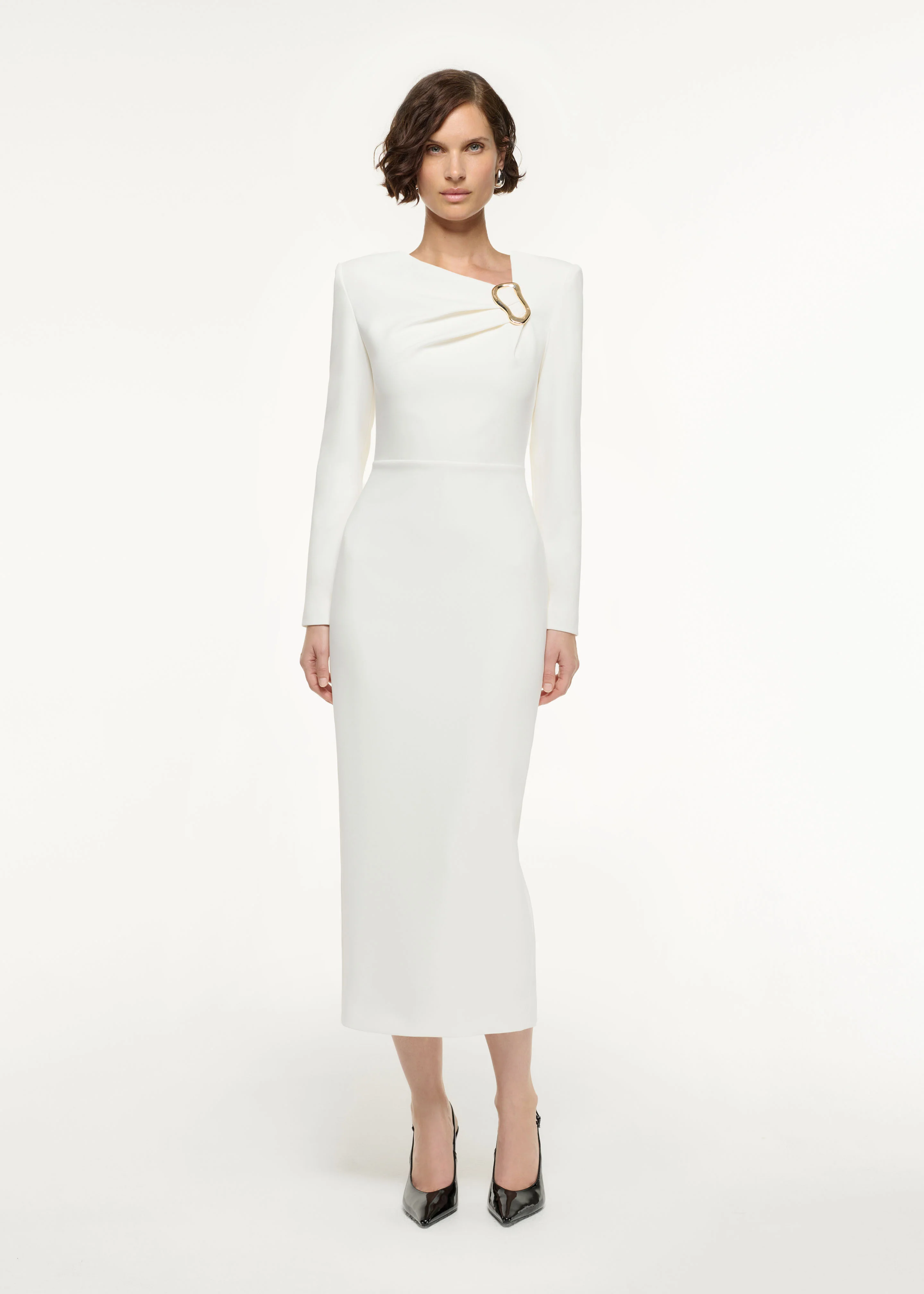 Long Sleeve Buckle Crepe Midi Dress
