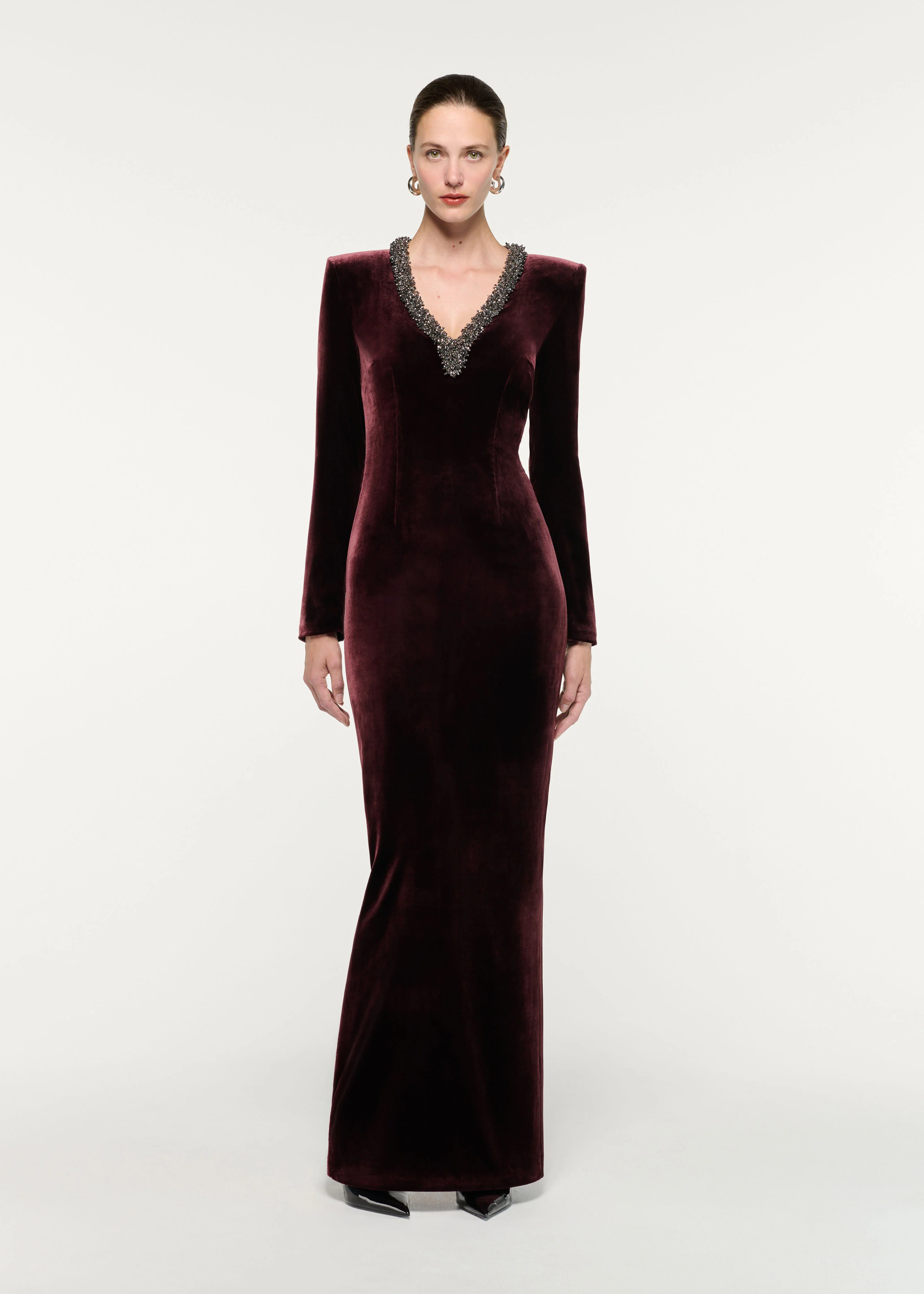 Long Sleeve Embellished Velvet Gown