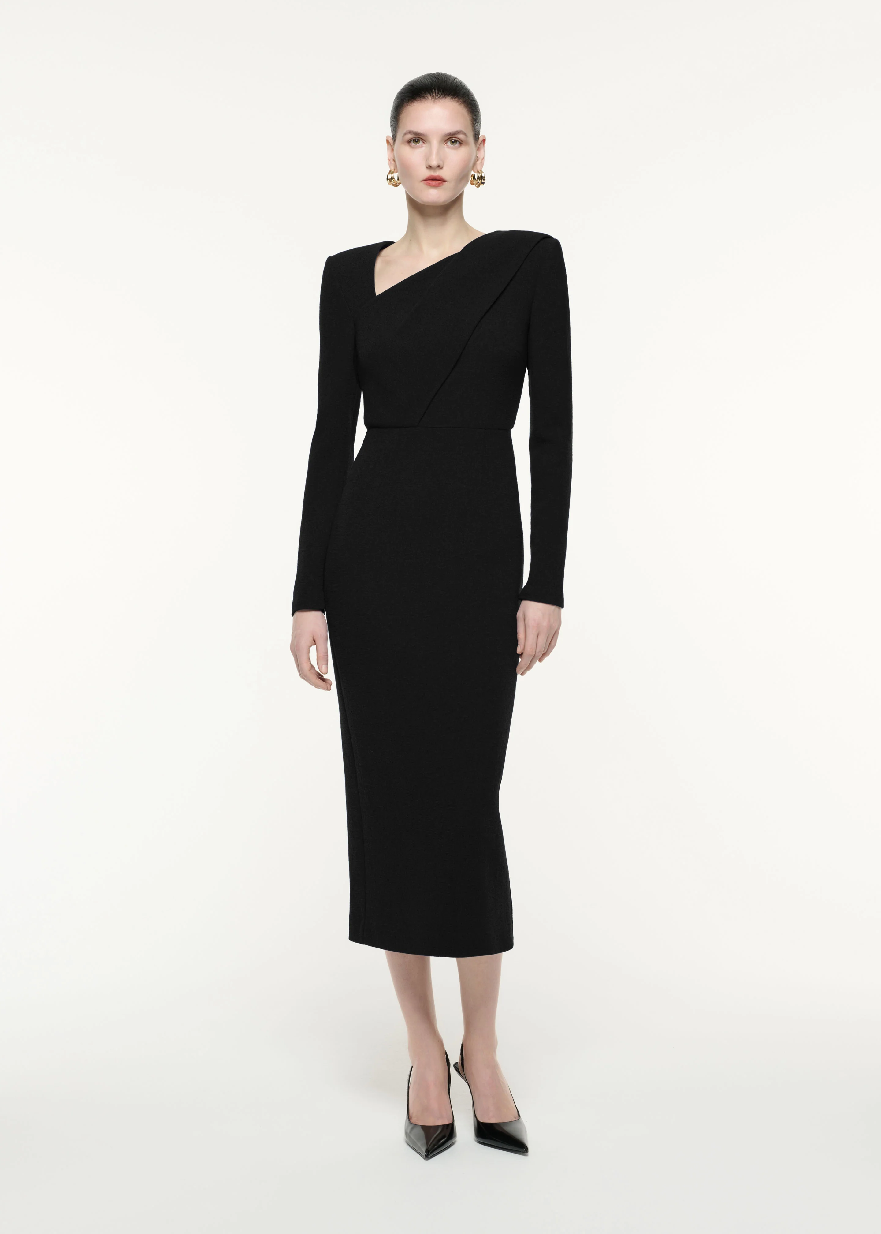 Long Sleeve Wool Crepe Midi Dress