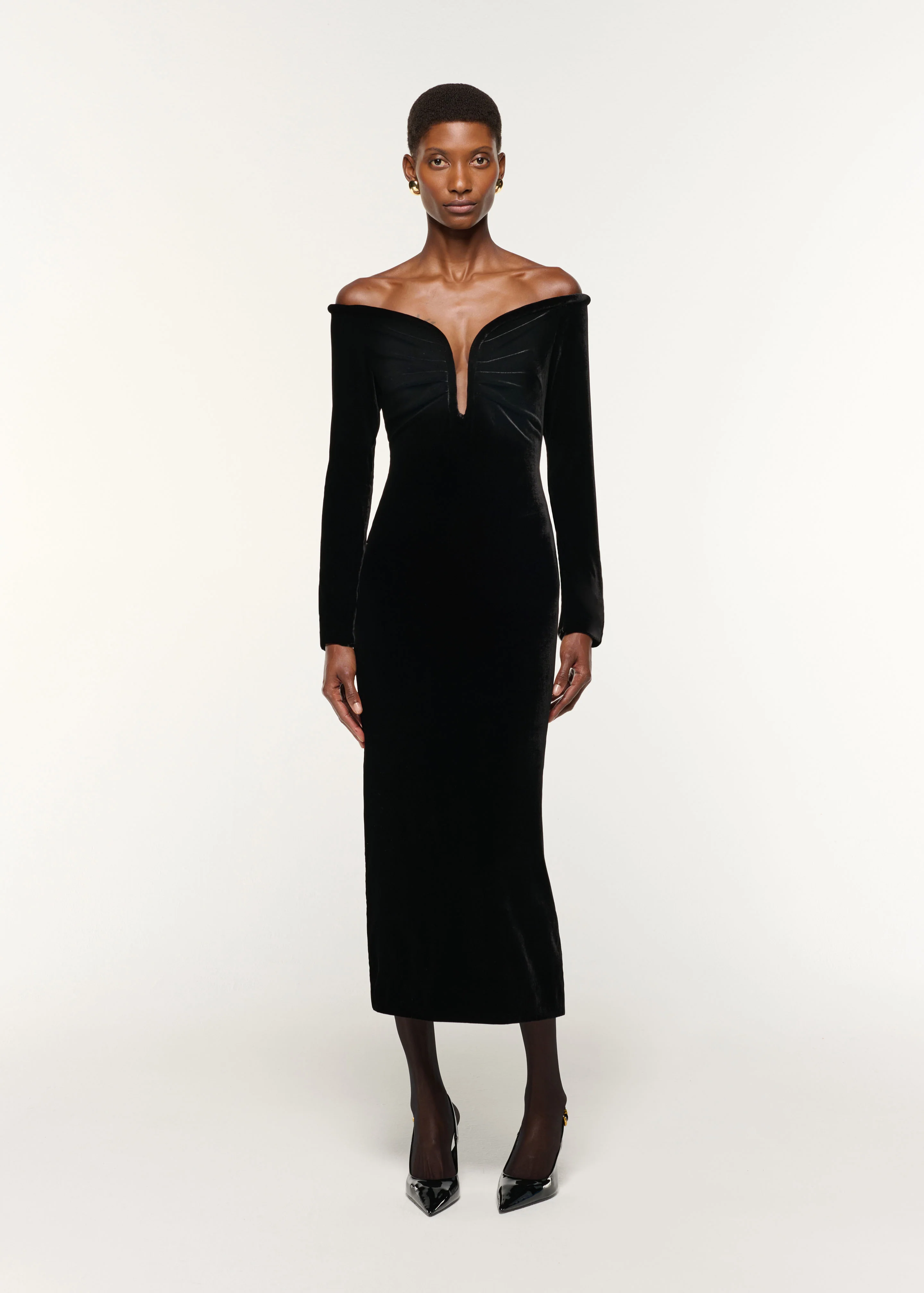 Plunge Neck Velvet Midi Dress