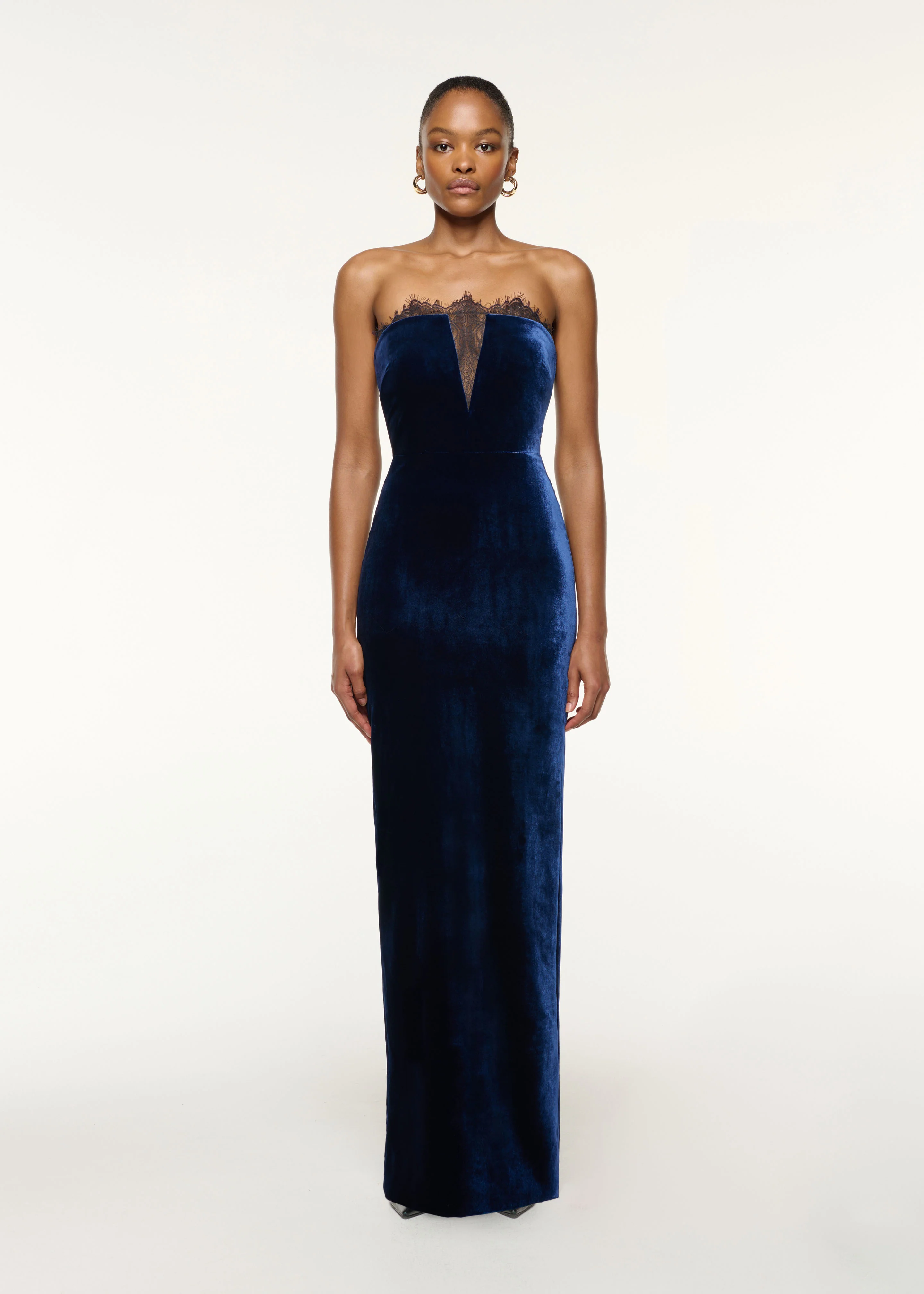Scallop Lace Insert Velvet Column Gown