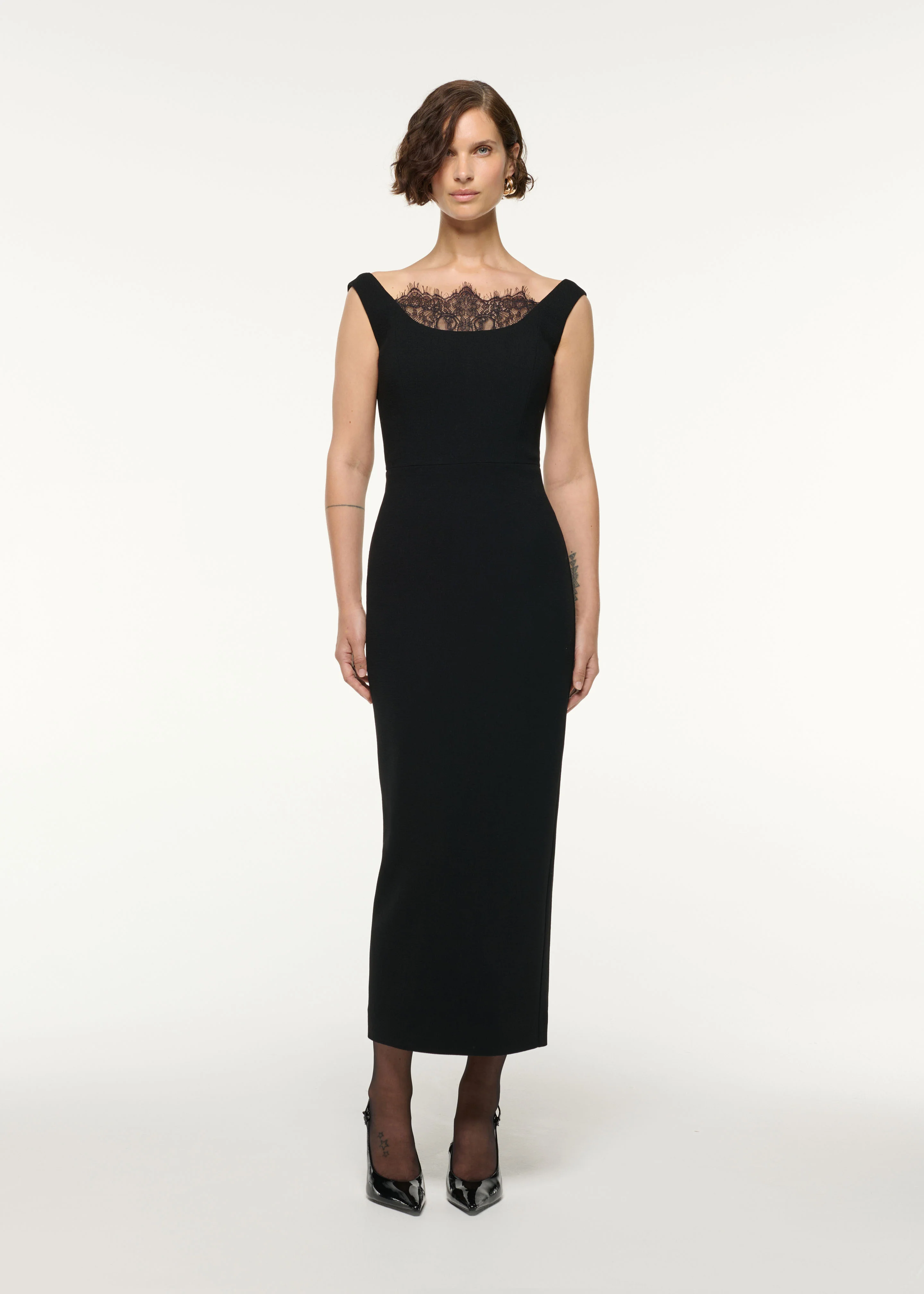 Scallop Lace Insert Wool Cocktail Dress