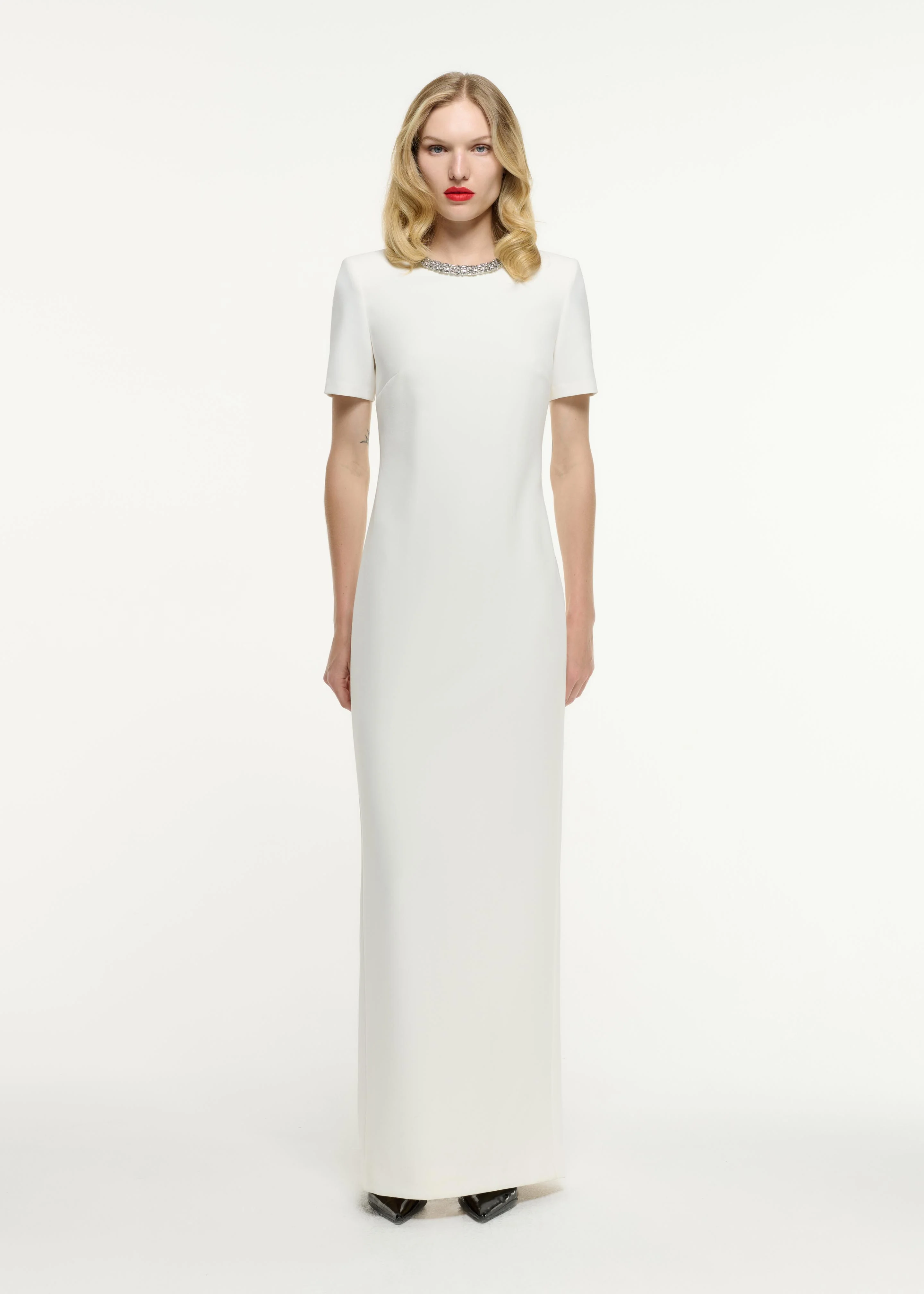 Short Sleeve Embellished Crepe Maxi Dress