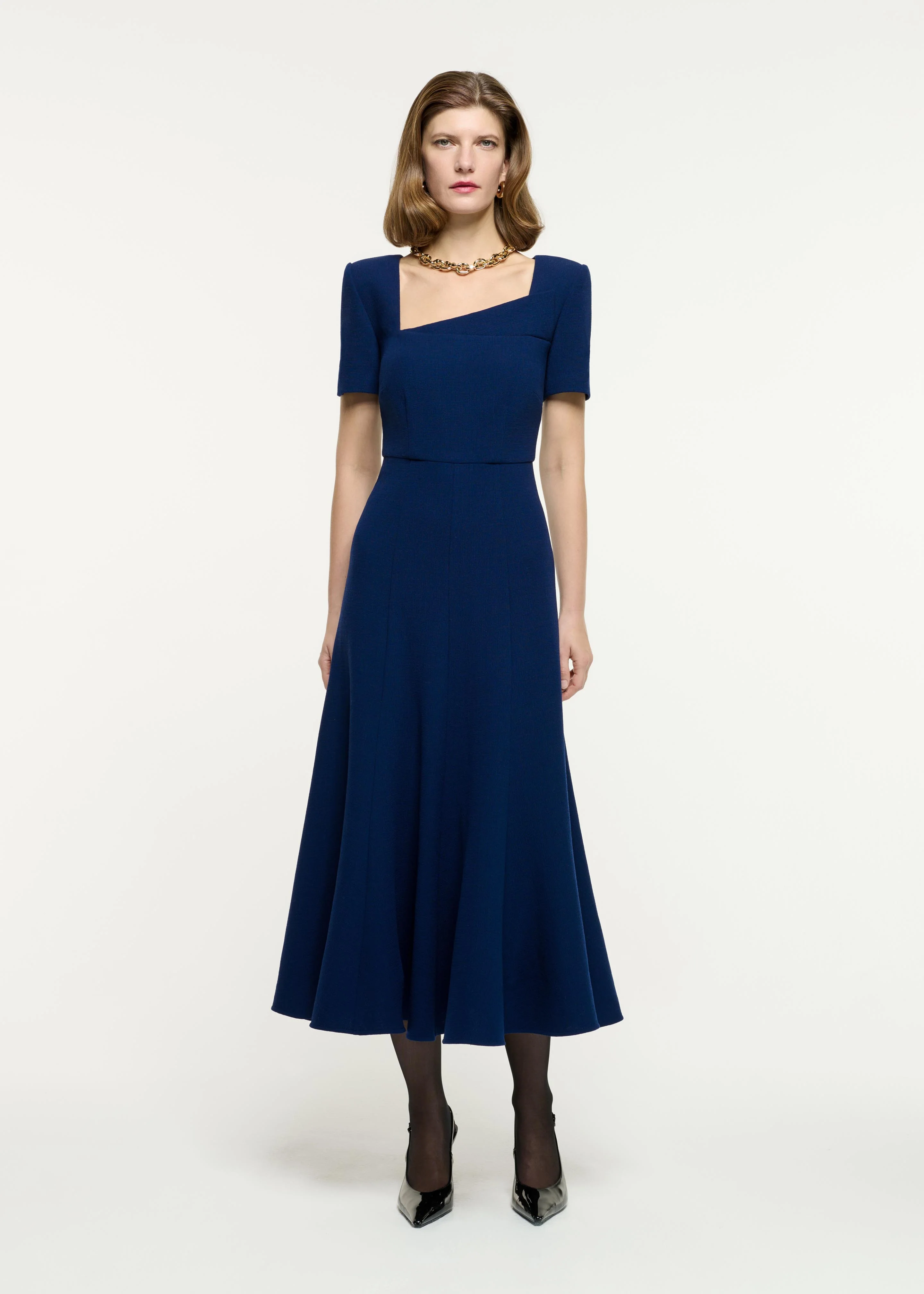 Short Sleeve Wool Crepe Midi Dress