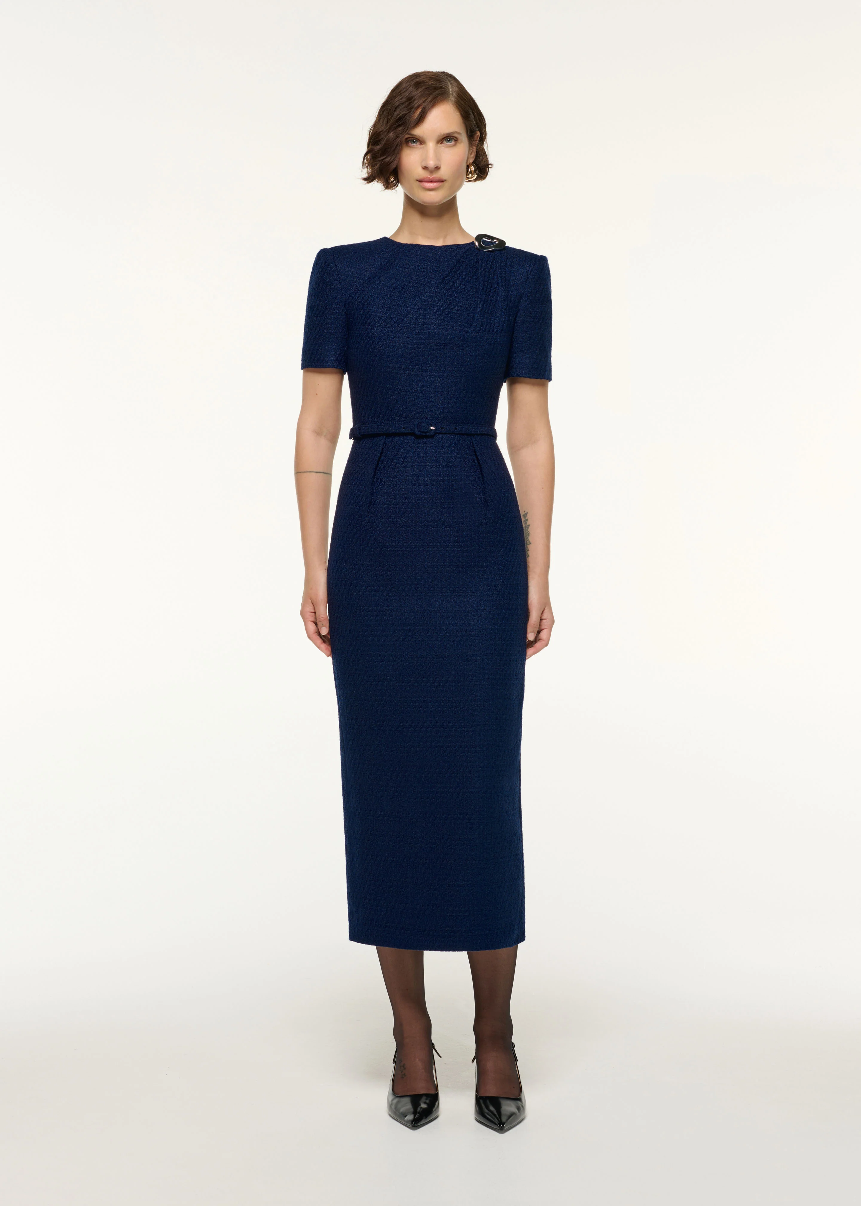 Twisted Silver Brooch Belted Boucle Dress