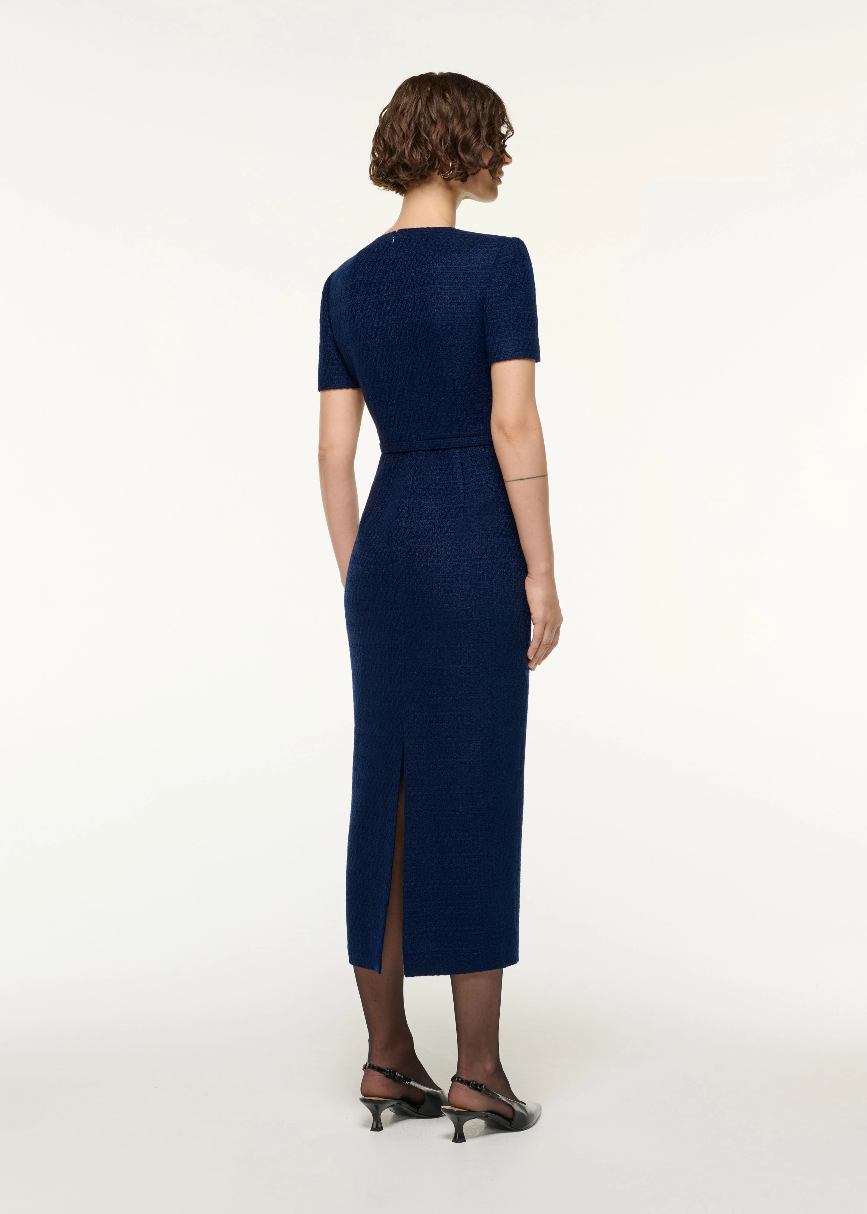 Twisted Silver Brooch Belted Boucle Dress - Image 3